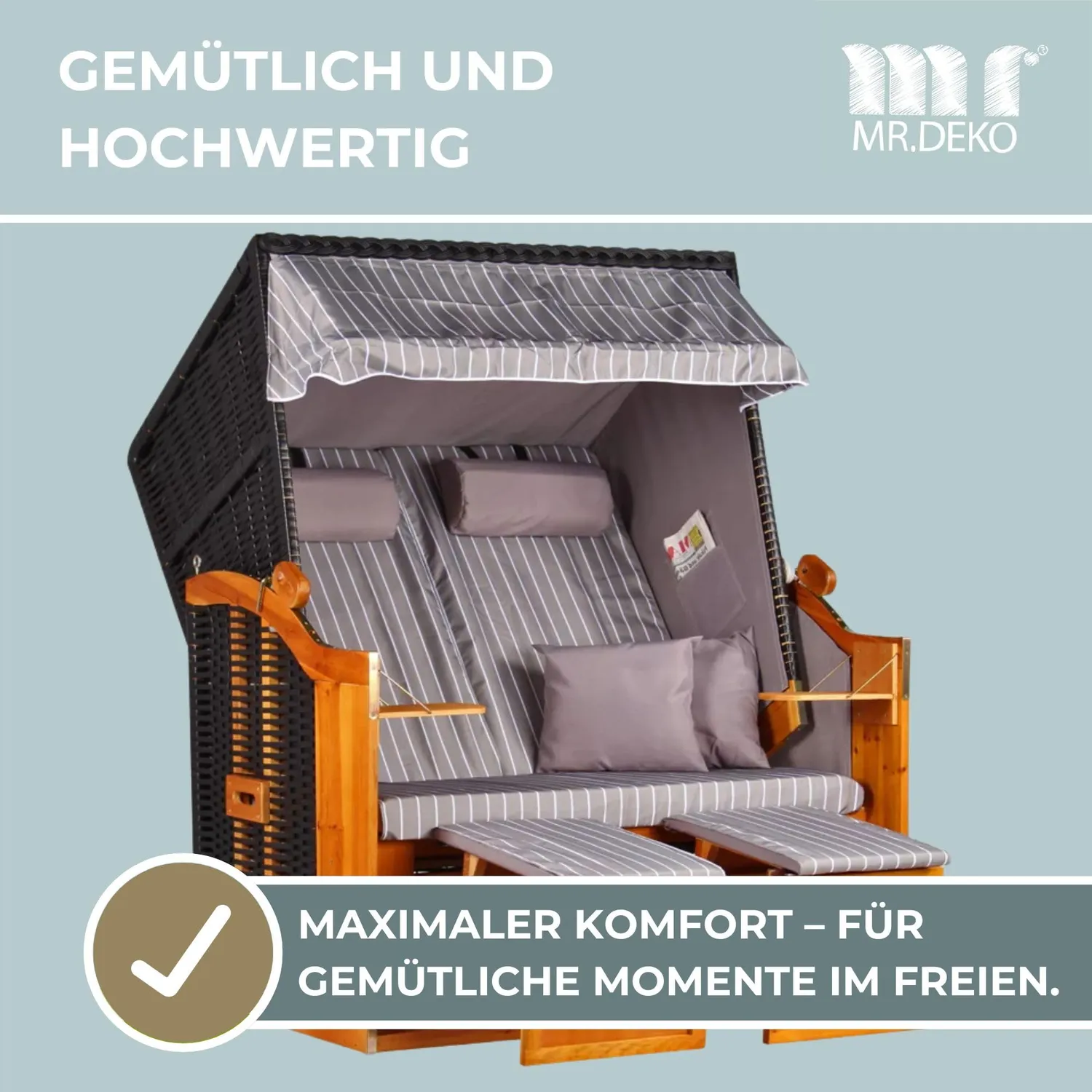 MR.DEKO Ostsee 2-Sitzer Strandkorb Anthrazit Volllieger