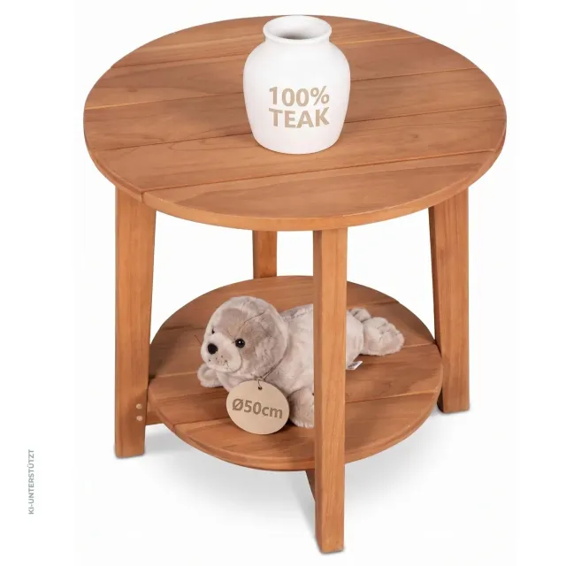MR.DEKO Milton Beistelltisch Teak rund Ø 50 cm mit Ablage