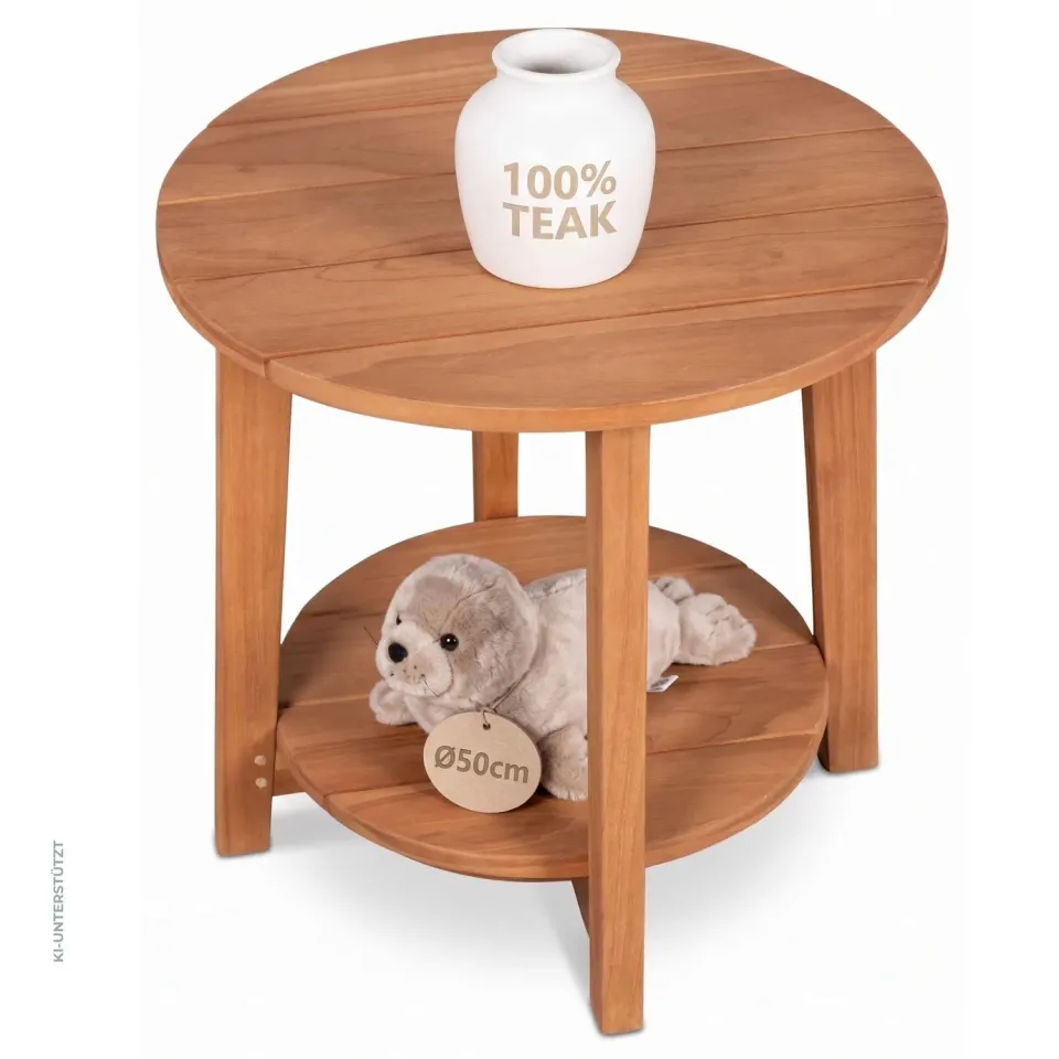 MR.DEKO Milton Beistelltisch Teak rund Ø 50 cm mit Ablage