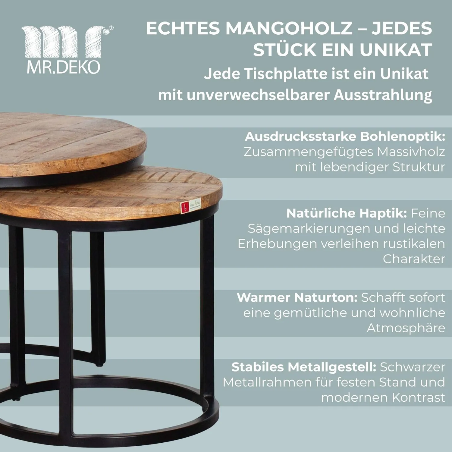 MR.DEKO Fermo Couchtisch 2er Set Mangoholz Natur rund