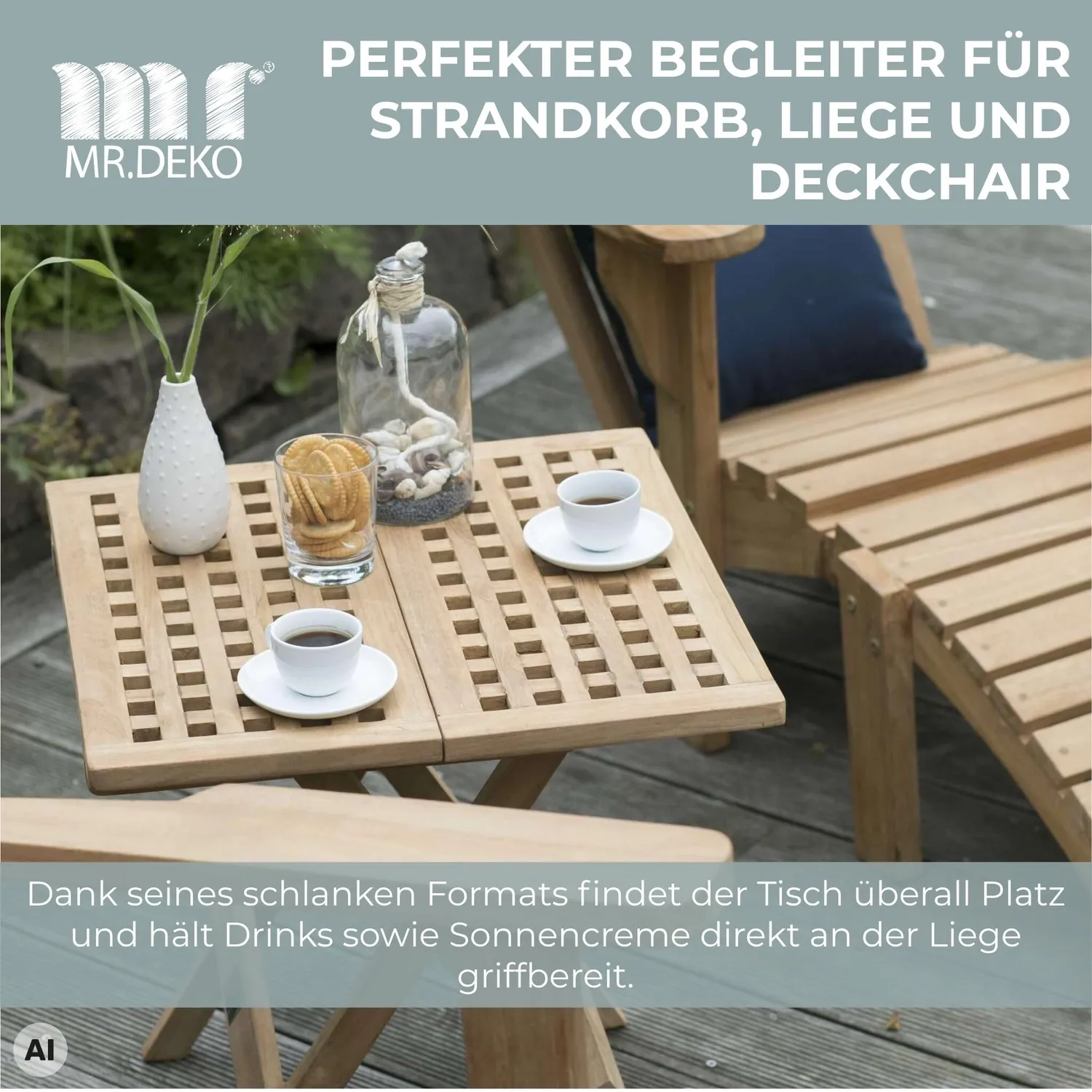 MR.DEKO Devon Beistelltisch klappbar Teak 50 × 50 cm wetterfest