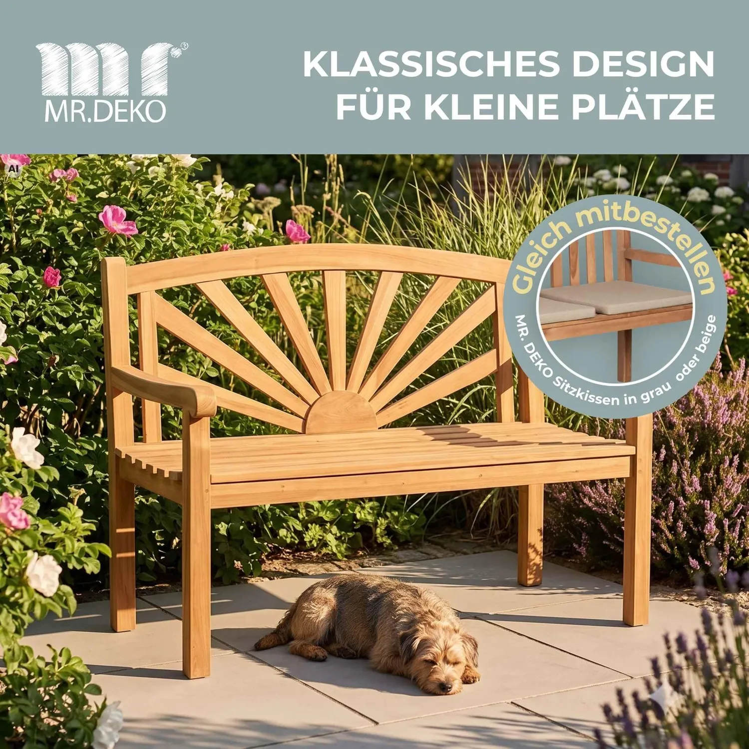MR.DEKO Motiv Gartenbank Sonne 120x60x94 cm Teakholz 2-Sitzer