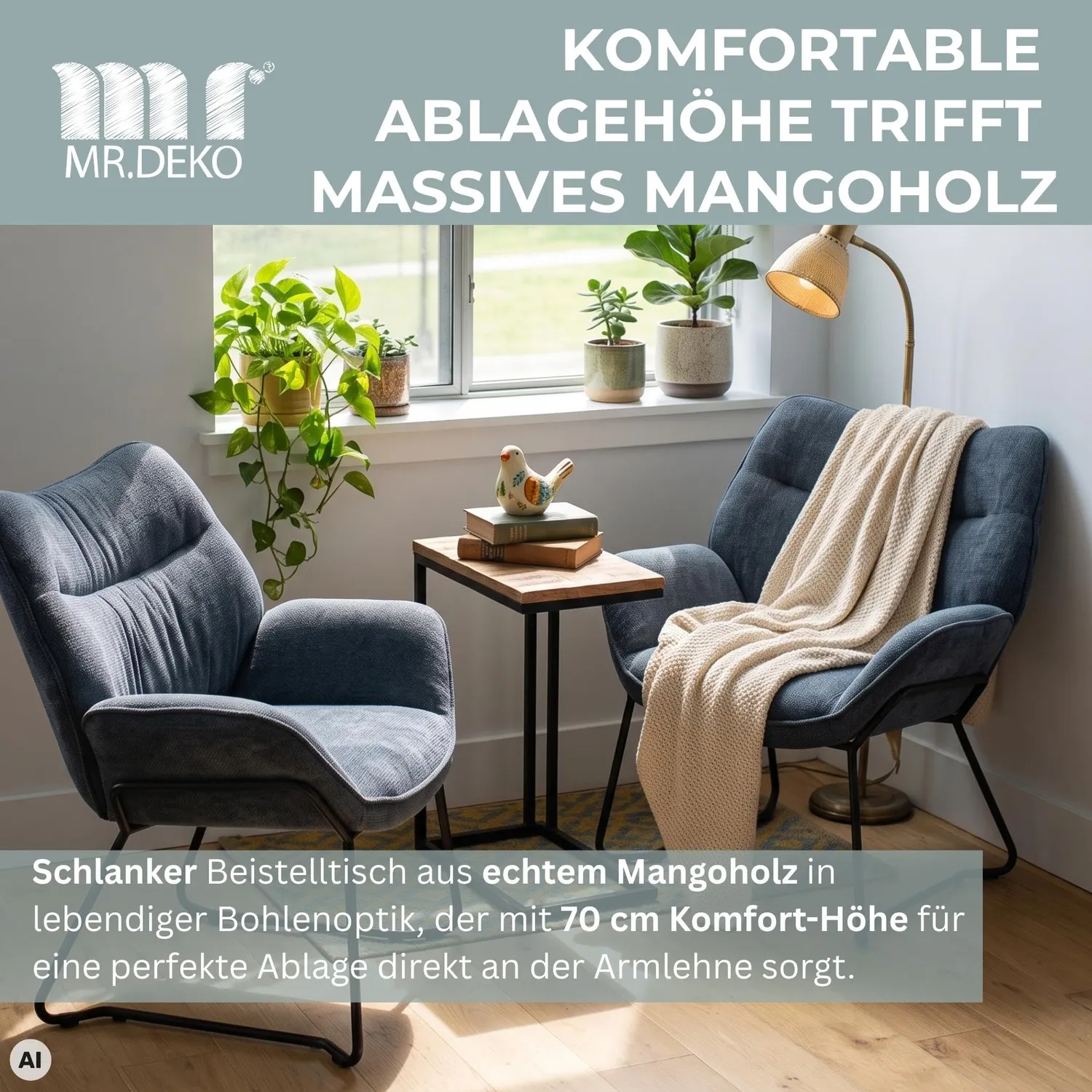 MR.DEKO Materos Beistelltisch 40x30x70 cm Mangoholz C-Design