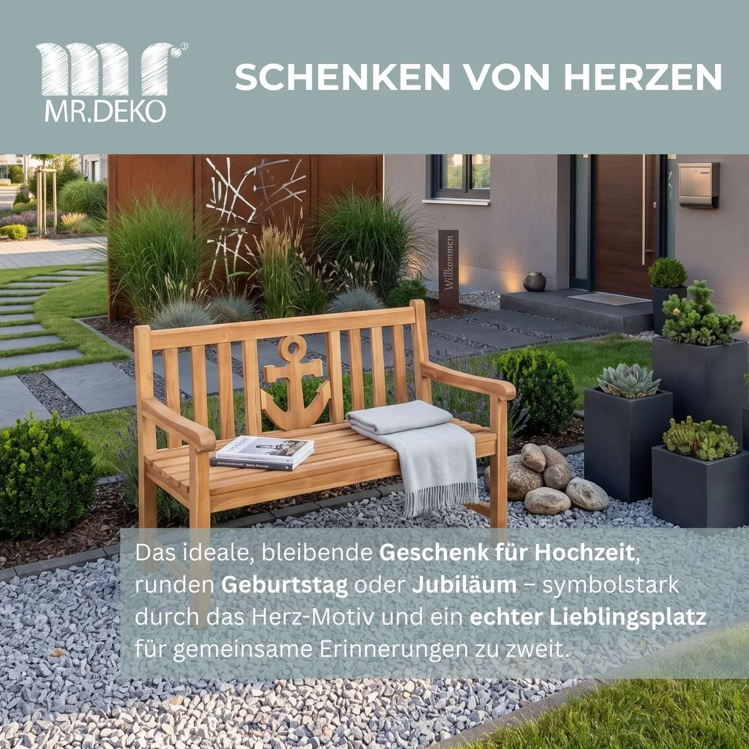 MR.DEKO Motiv Anker Gartenbank 120 cm Teakholz wetterfest