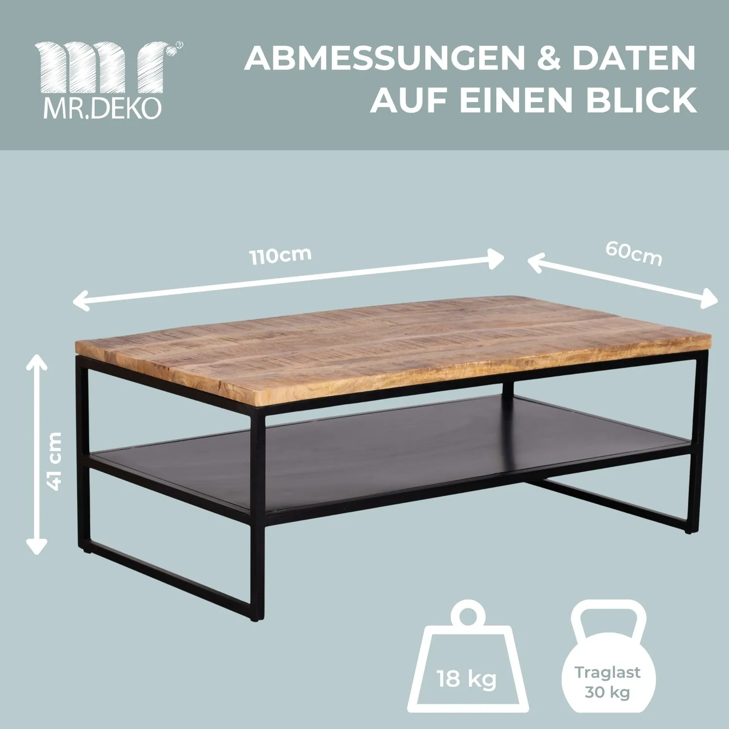 MR.DEKO Sicilia Couchtisch 110x60 cm Natur mit Ablage