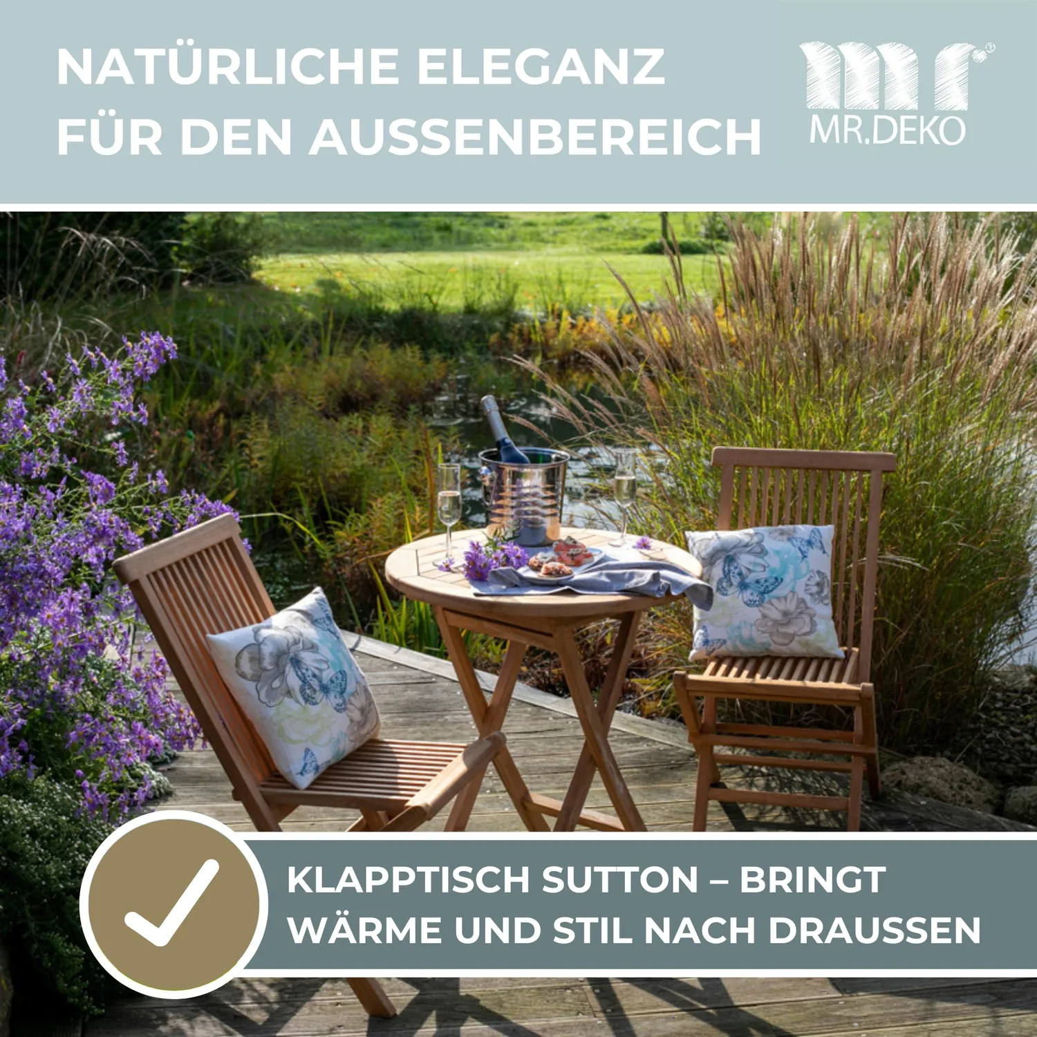 MR.DEKO Sutton Klapptisch 70 cm Teak Balkontisch wetterfest