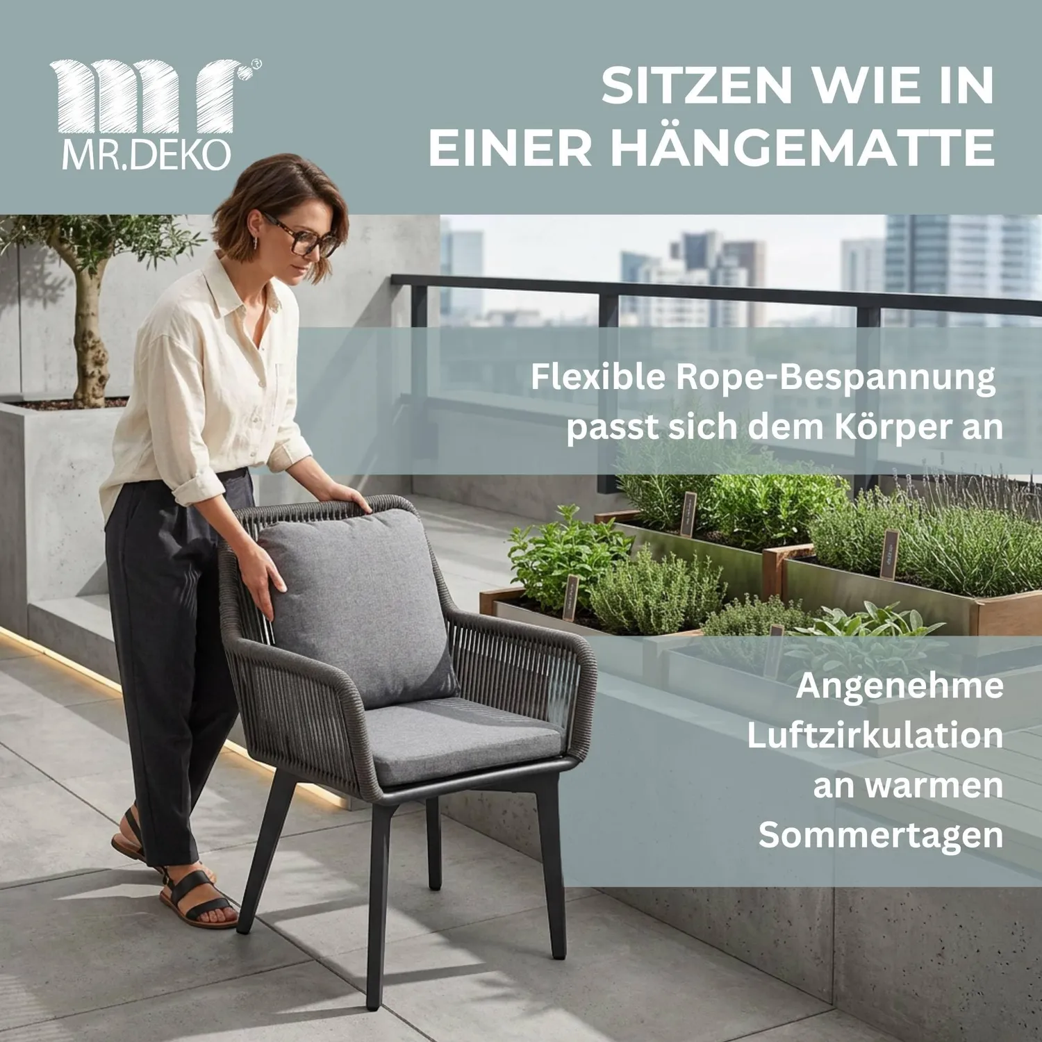 MR.DEKO Marbella Diningstuhl Aluminium Rope Grau mit Kissen