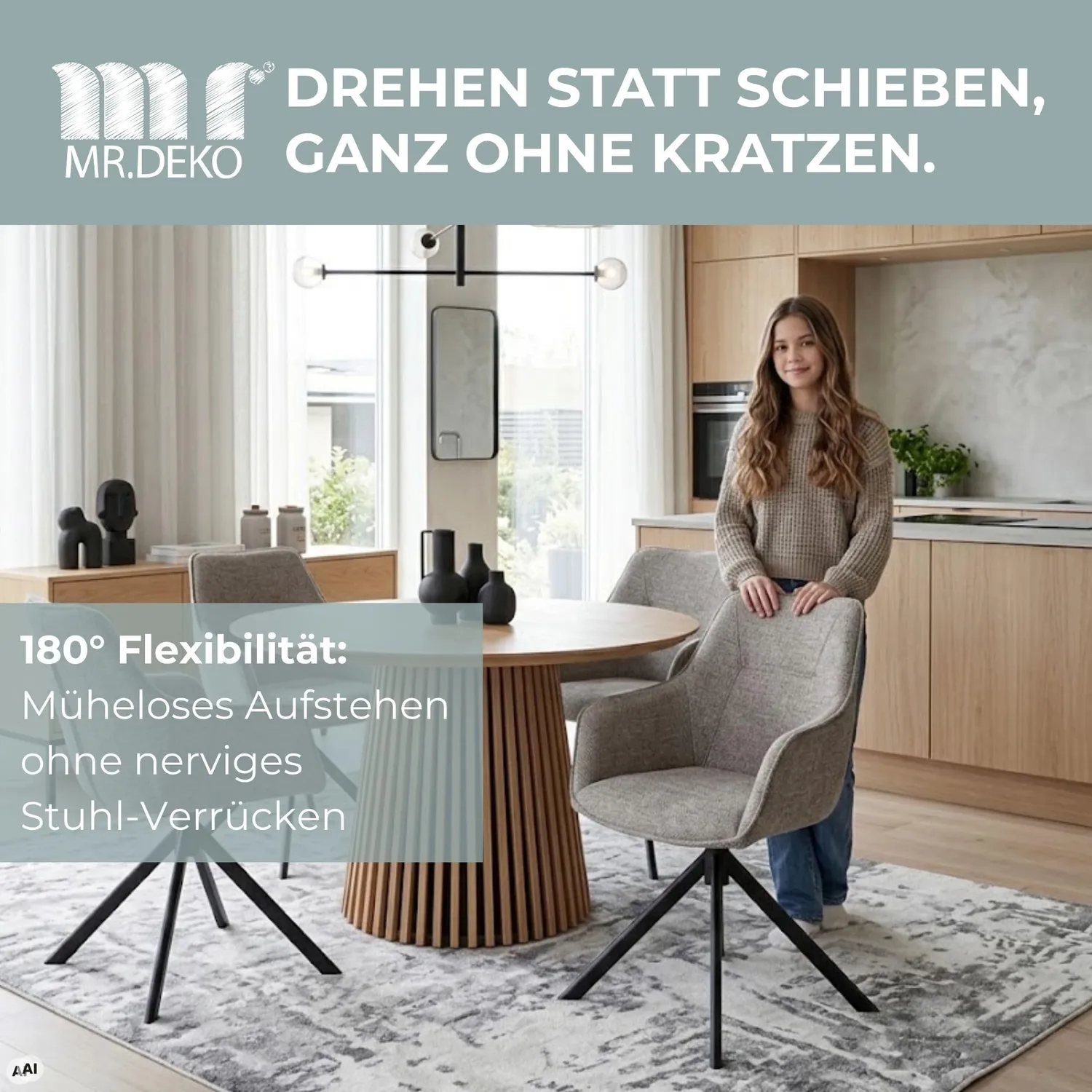 MR.DEKO San Carlo Diningsessel 4er-Set Drehbar Stoff