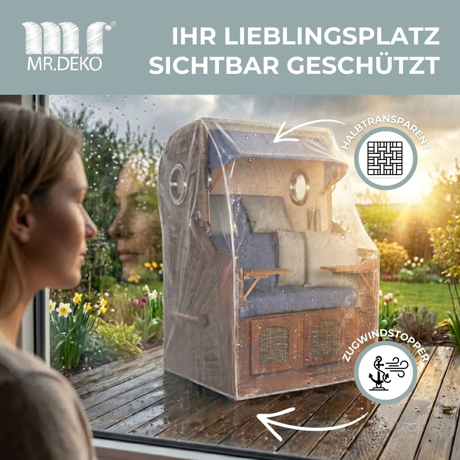 MR.DEKO Strandkorb Abdeckhaube Größe L 125 x 80 x 160 cm PVC transparent