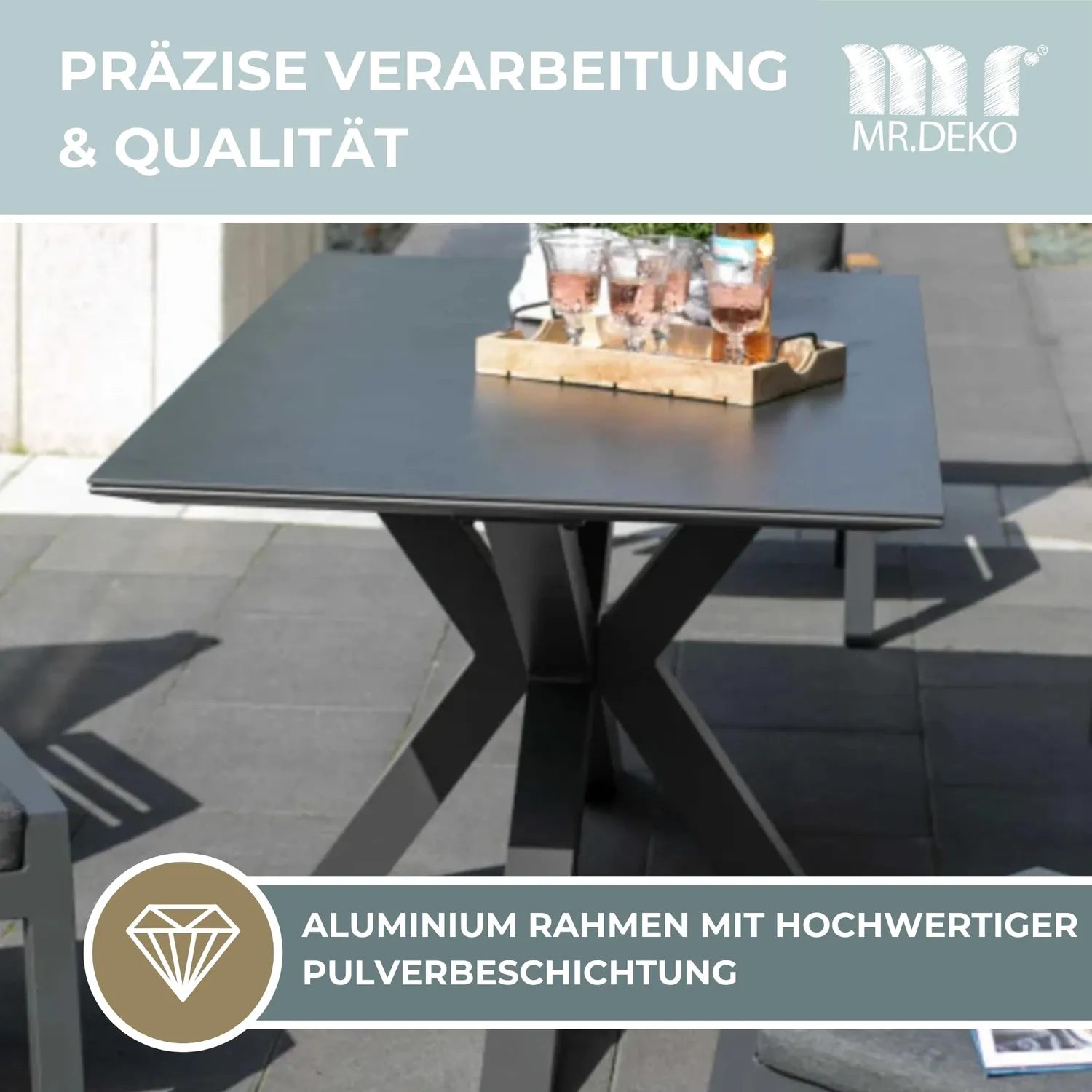 MR.DEKO Malaga Gartentisch 200x90 cm Keramikplatte Dark-Grey
