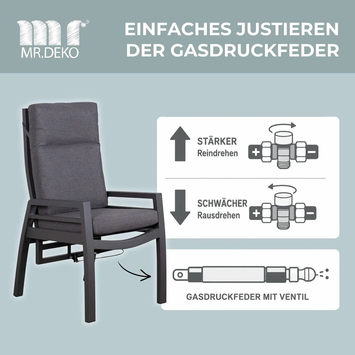 MR.DEKO Merida Relaxsessel Aluminium Textilene Anthrazit mit Kissen