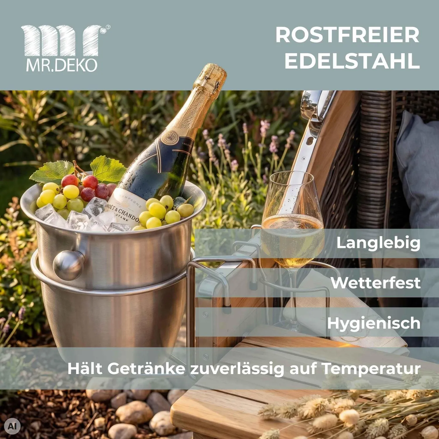 MR.DEKO Strandkorb-Zubehör Sektkühler Halterung Edelstahl