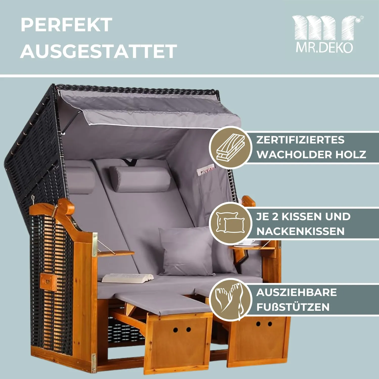 MR.DEKO Ostsee Volllieger 2-Sitzer Strandkorb Uni Grau wetterfest