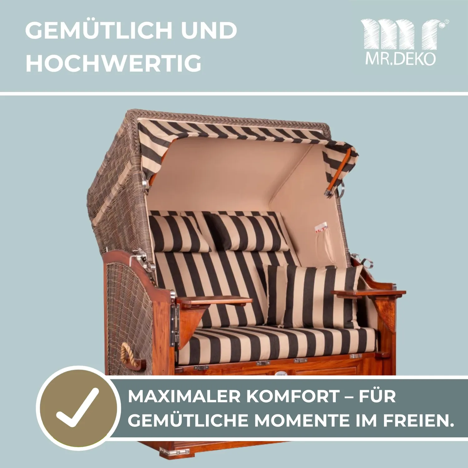 MR.DEKO Seeblick Strandkorb 2-Sitzer Dessin 581 Mahagoni Volllieger