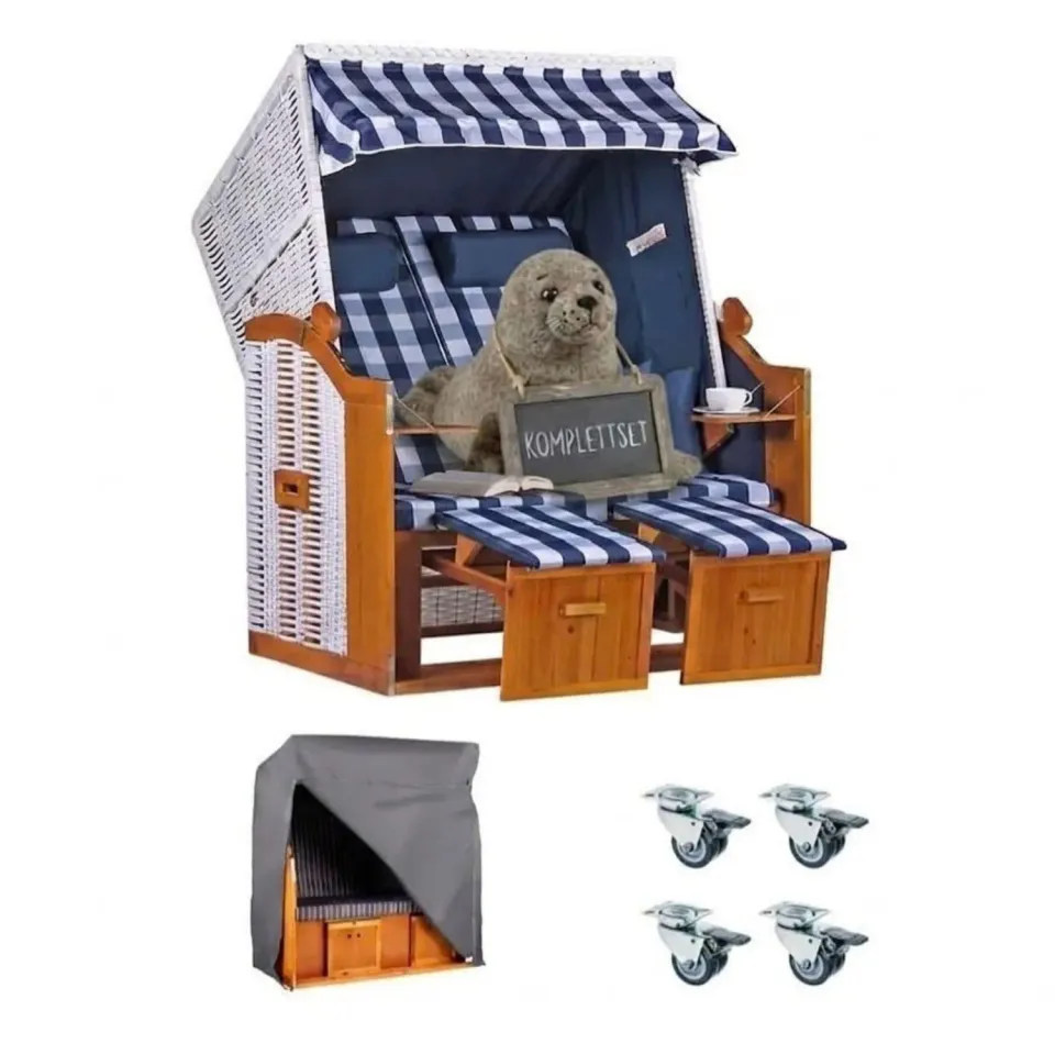 MR.DEKO Ostsee Strandkorb 2-Sitzer Karo Blau Set