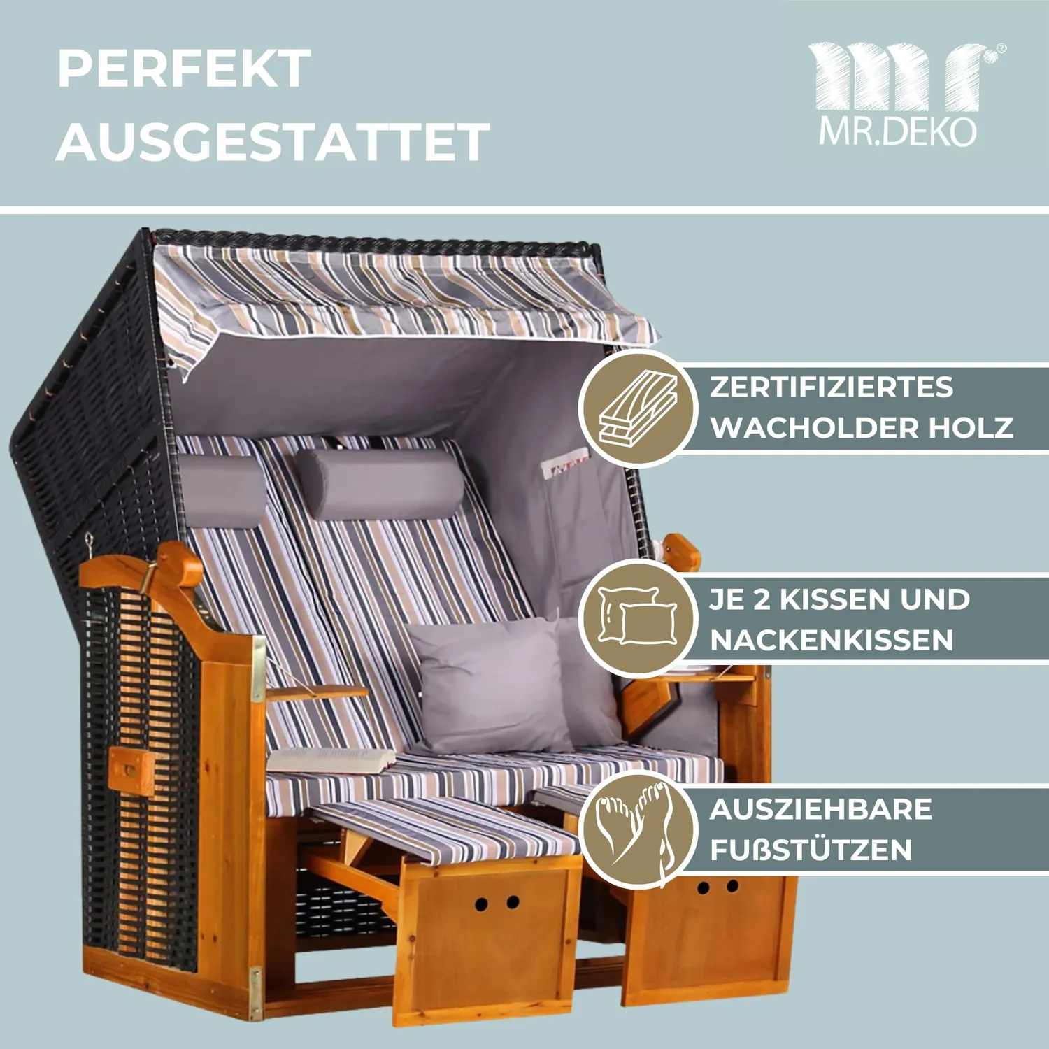 MR.DEKO Ostsee 2-Sitzer Strandkorb Schwarz Vollholz