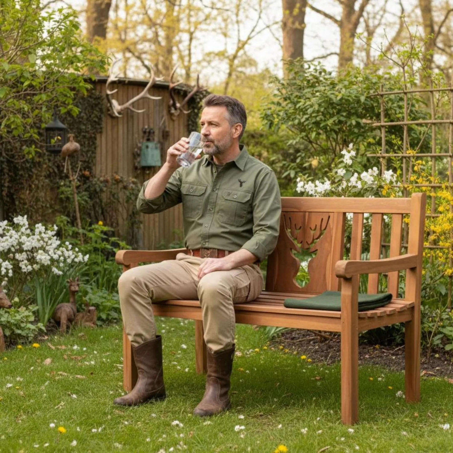 MR.DEKO Hirsch Gartenbank Teak 120cm Motiv Hirsch
