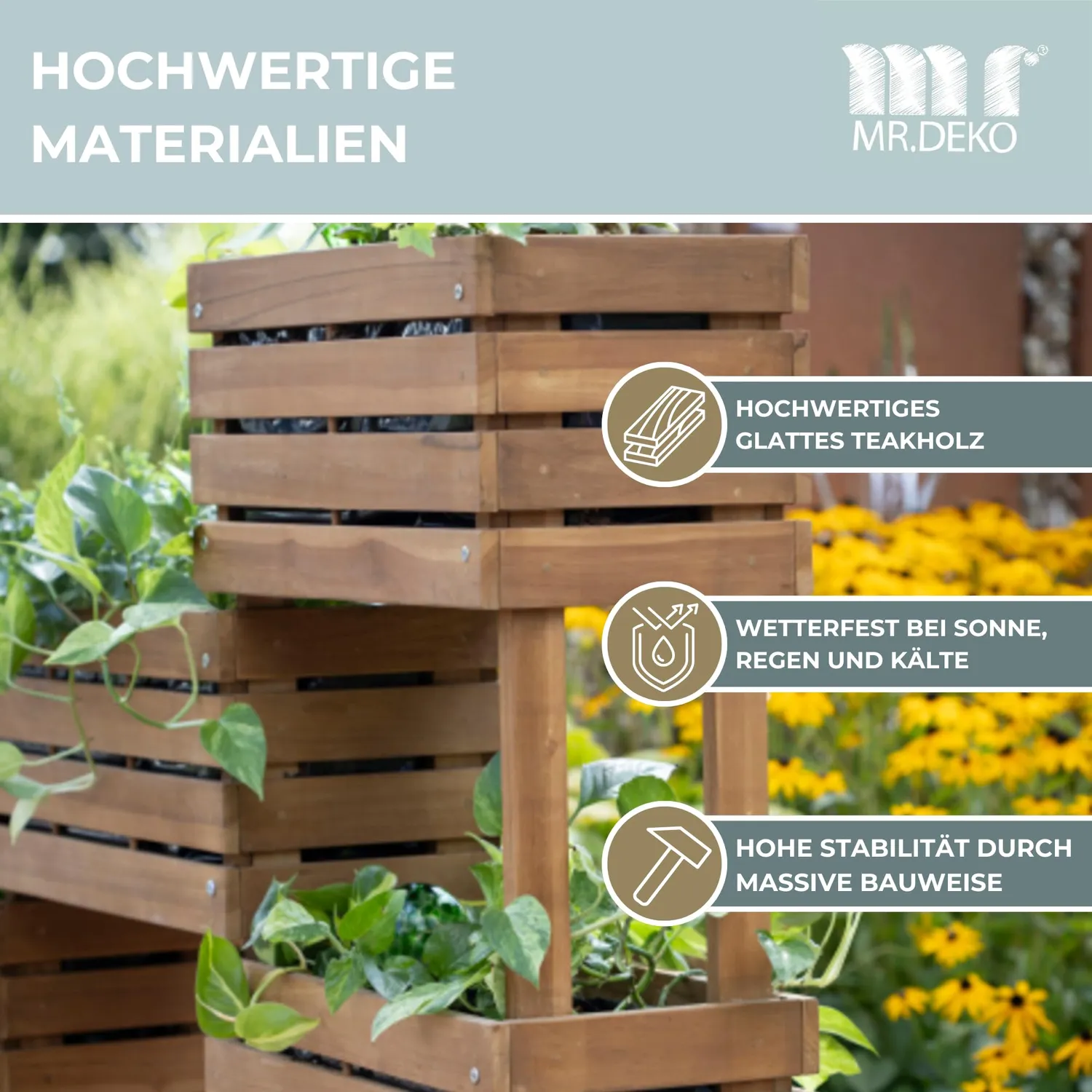 MR.DEKO Dundee Hochbeet 180 cm Teak 4 Fächer