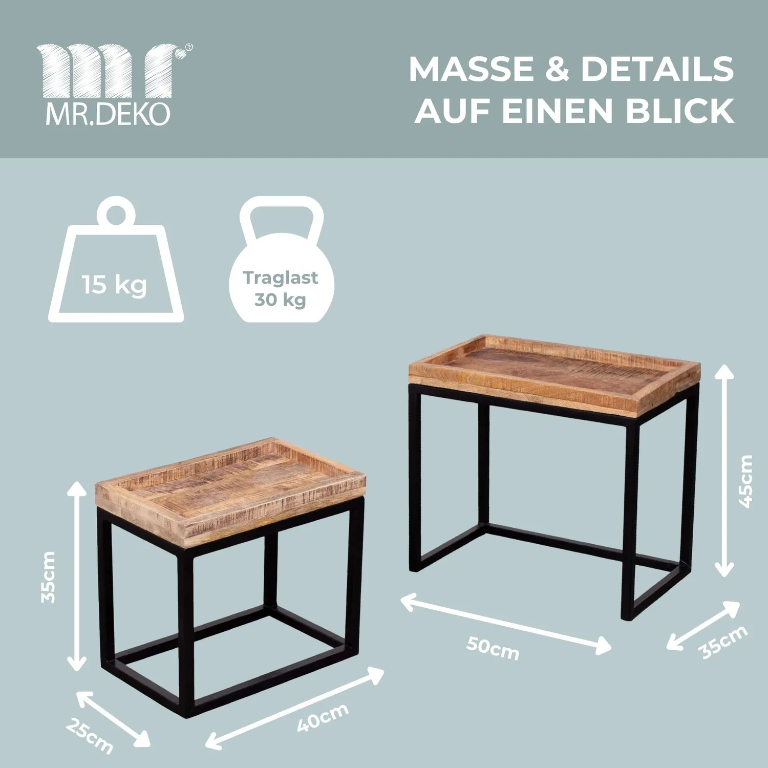 MR.DEKO Lecce Couchtisch 2er Set Mangoholz Natur eckig