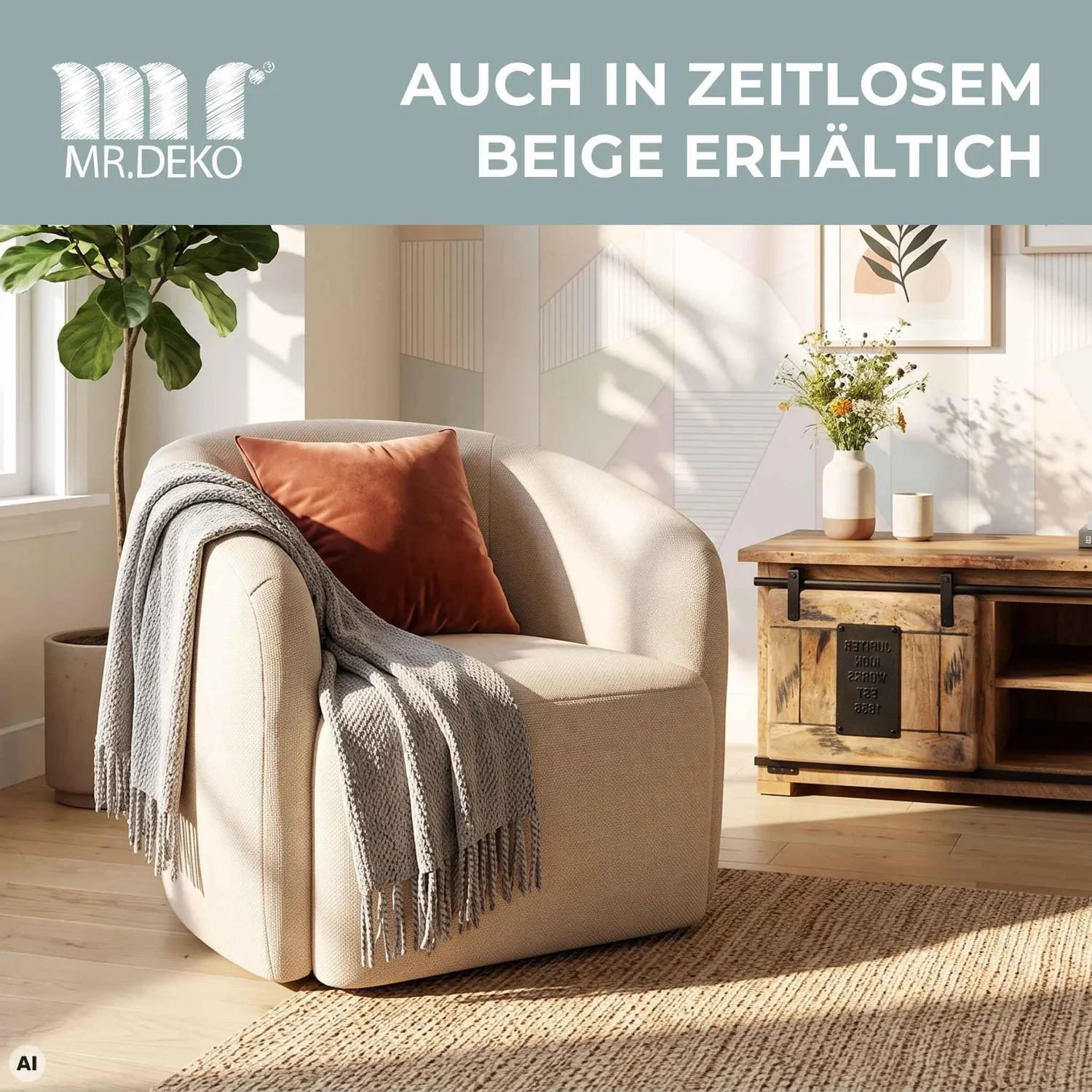 MR.DEKO Loconia Loungesessel Grau Drehbar 360° Stoff