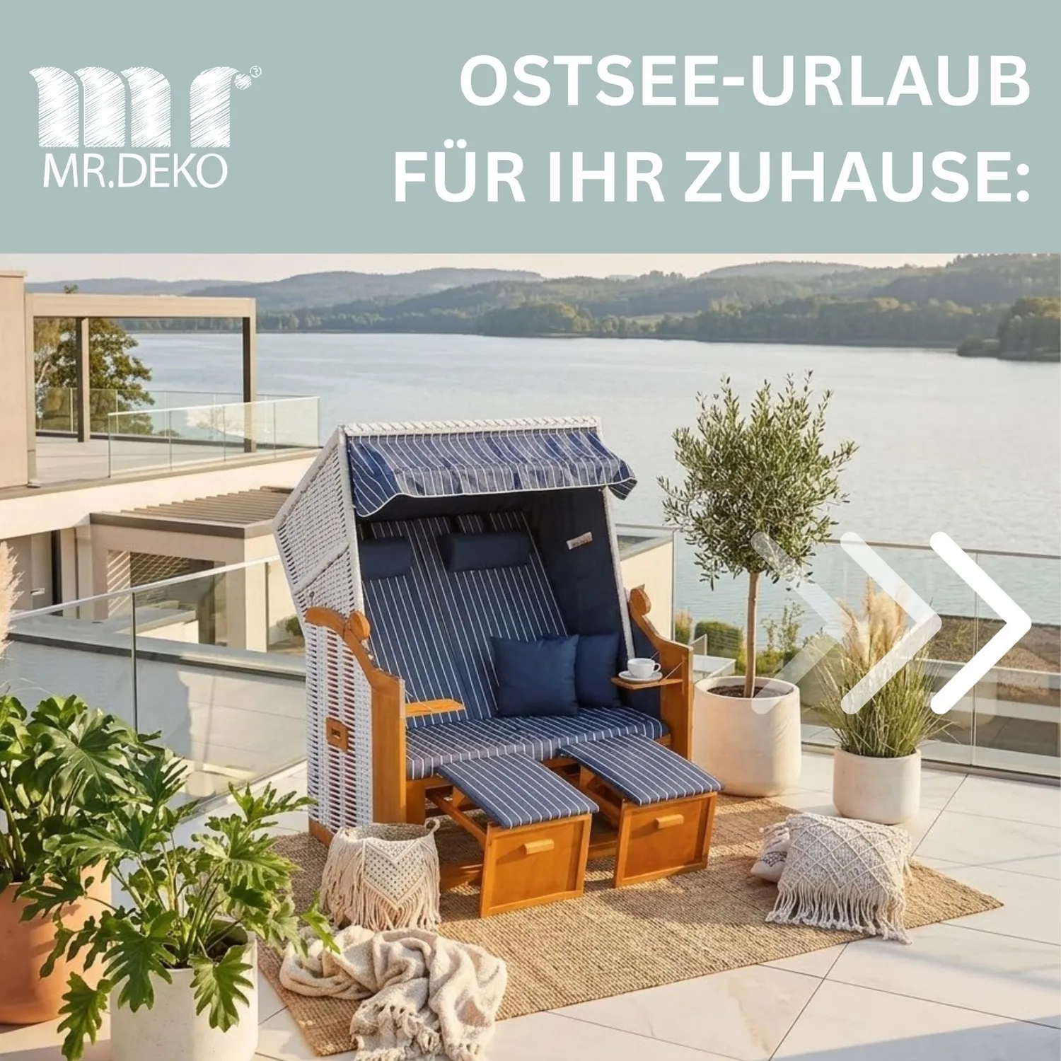 MR.DEKO Ostsee Strandkorb 2-Sitzer Dessin Royal Blau Weiß