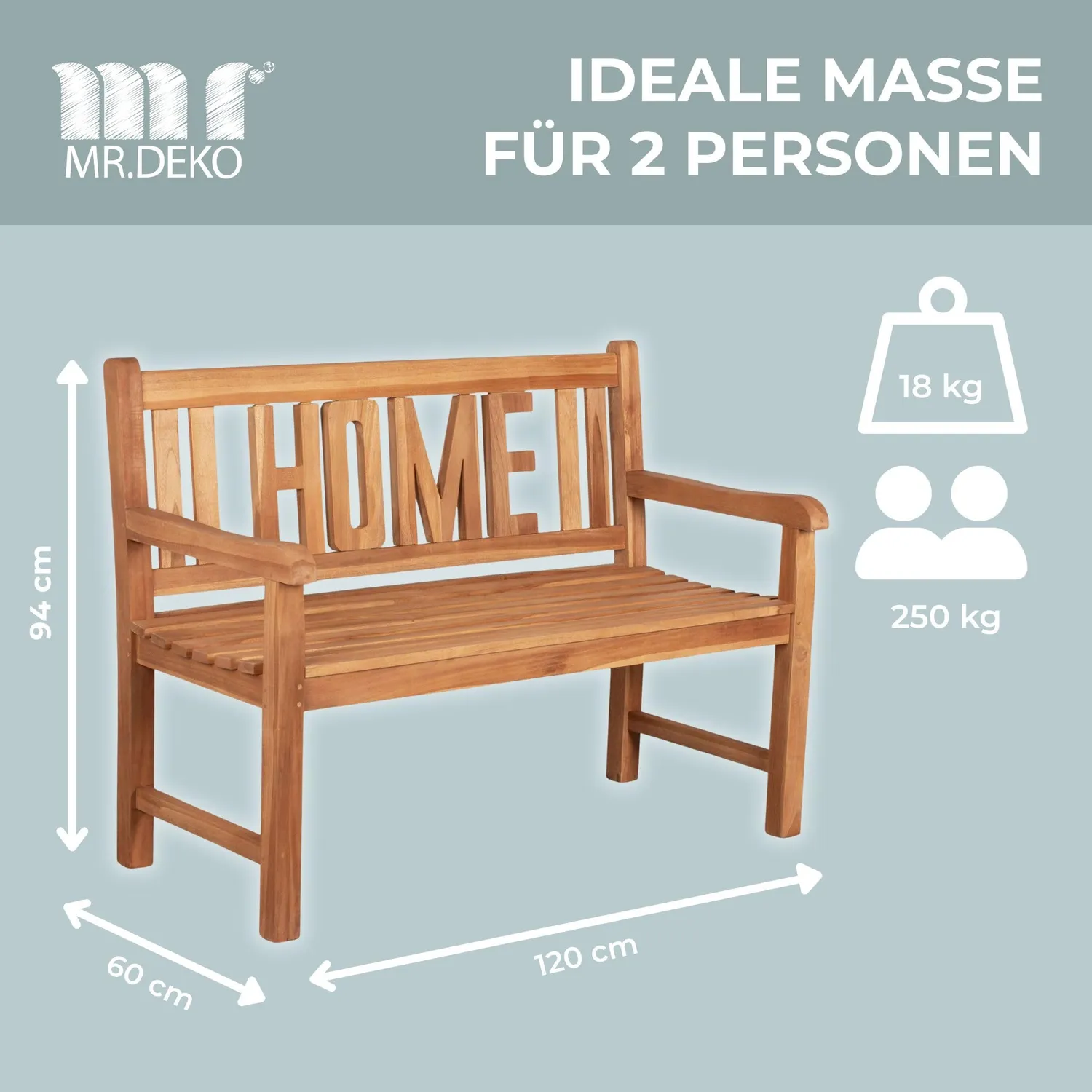 MR.DEKO Gartenbank Motiv Home Teakholz 120 cm 2-Sitzer