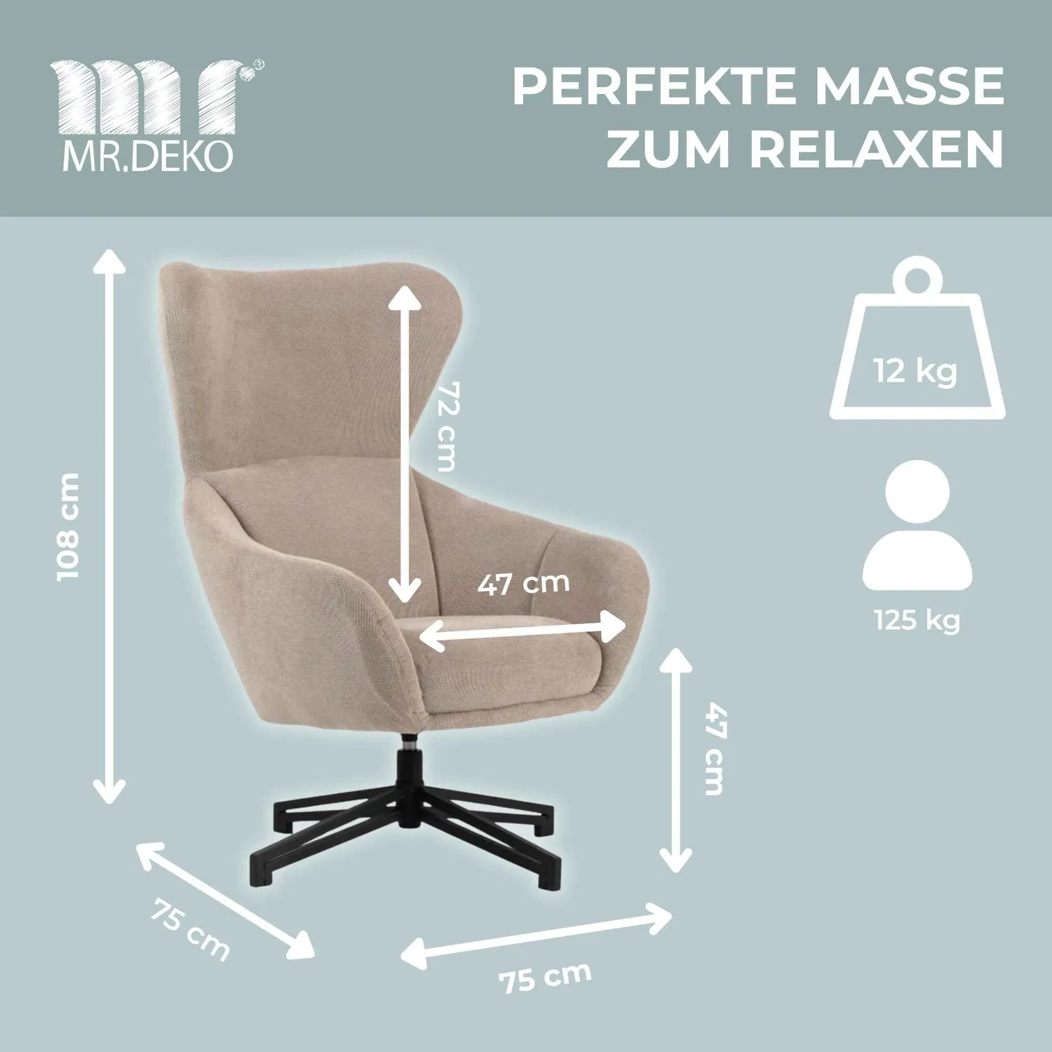 MR.DEKO Marconia Relaxsessel beige drehbar Ohrensessel 75x80x109