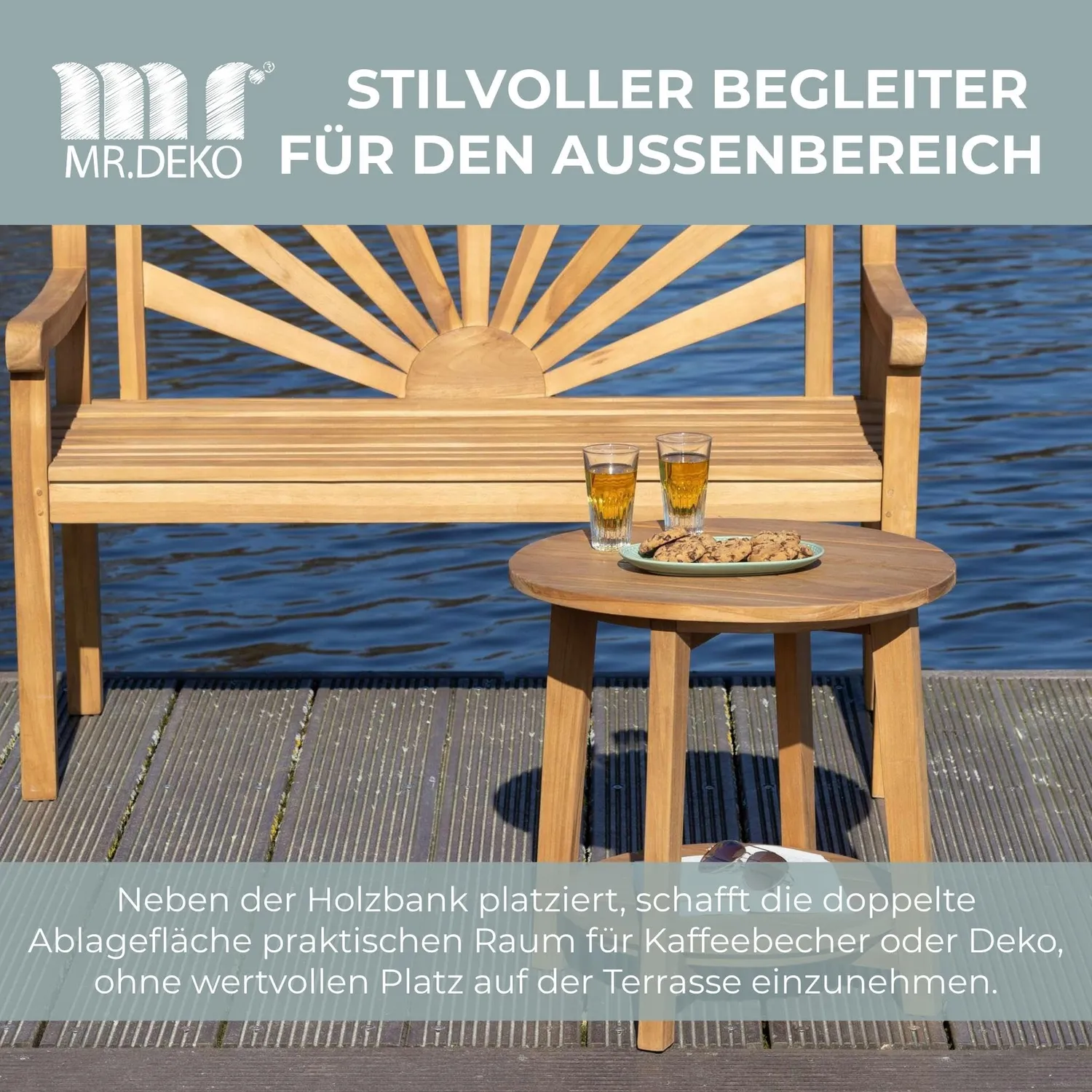 MR.DEKO Milton Beistelltisch Teak rund Ø 50 cm mit Ablage