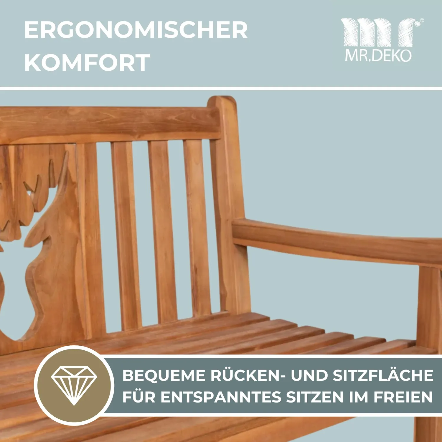 MR.DEKO Hirsch Gartenbank Teak 120cm Motiv Hirsch