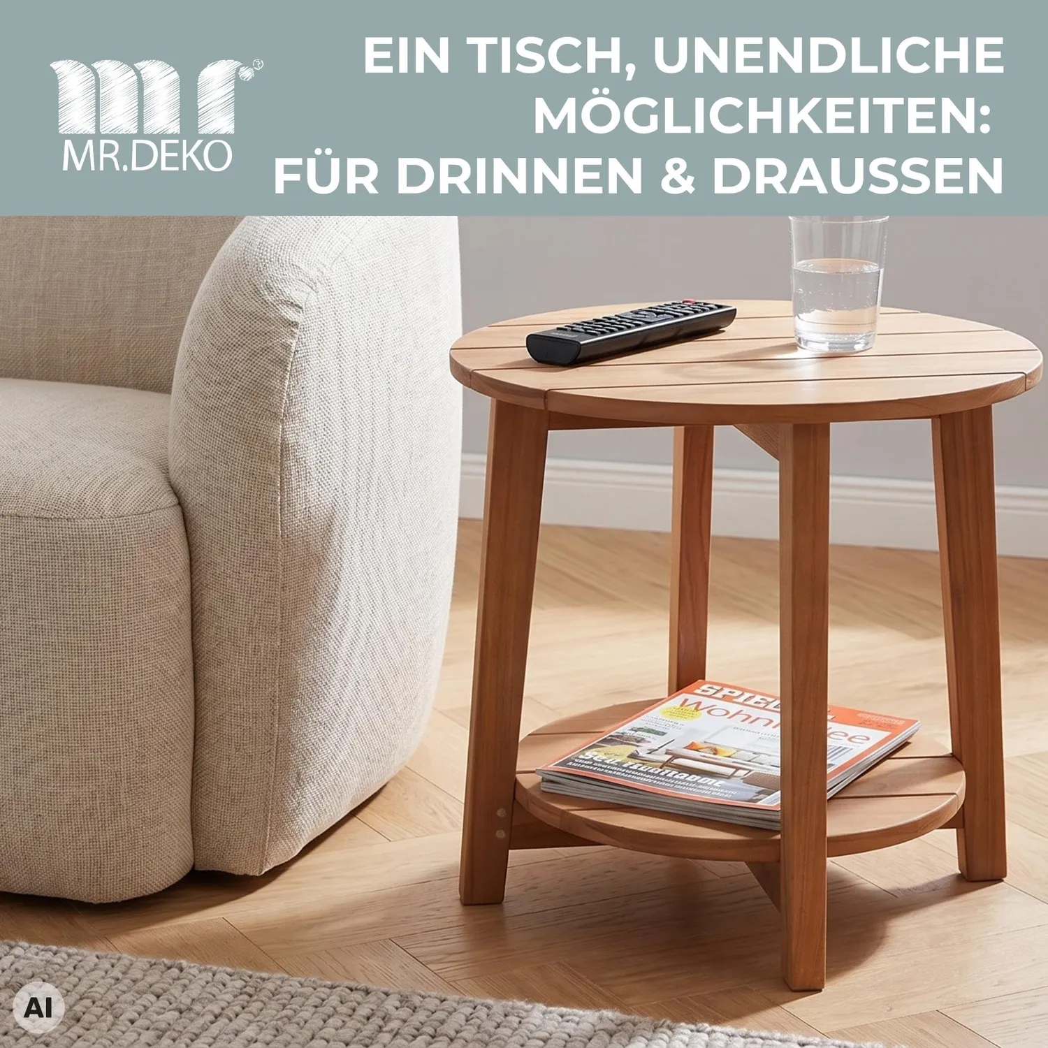 MR.DEKO Milton Beistelltisch Teak rund Ø 50 cm mit Ablage