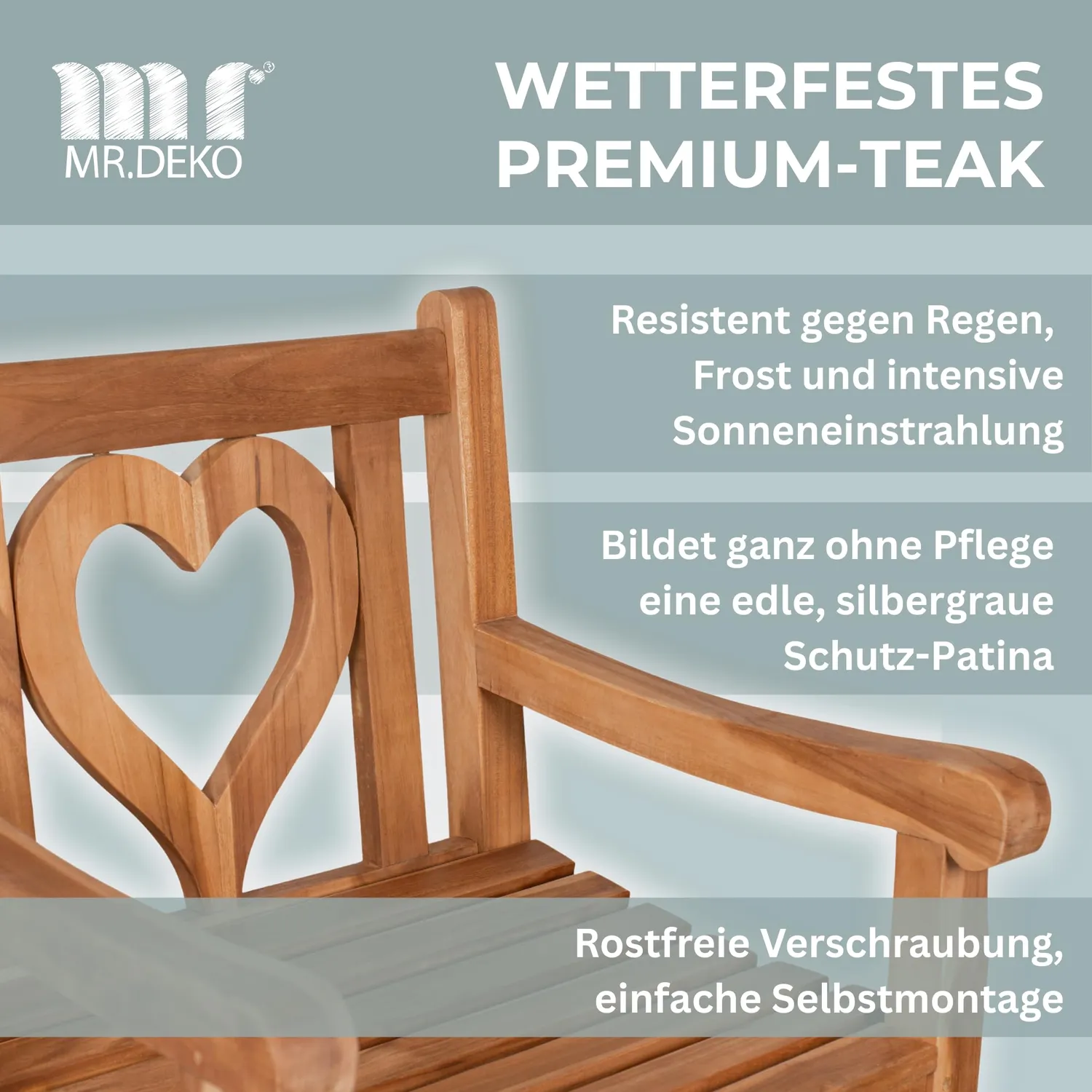 MR.DEKO Herz Gartensessel Teakholz 60x60x91