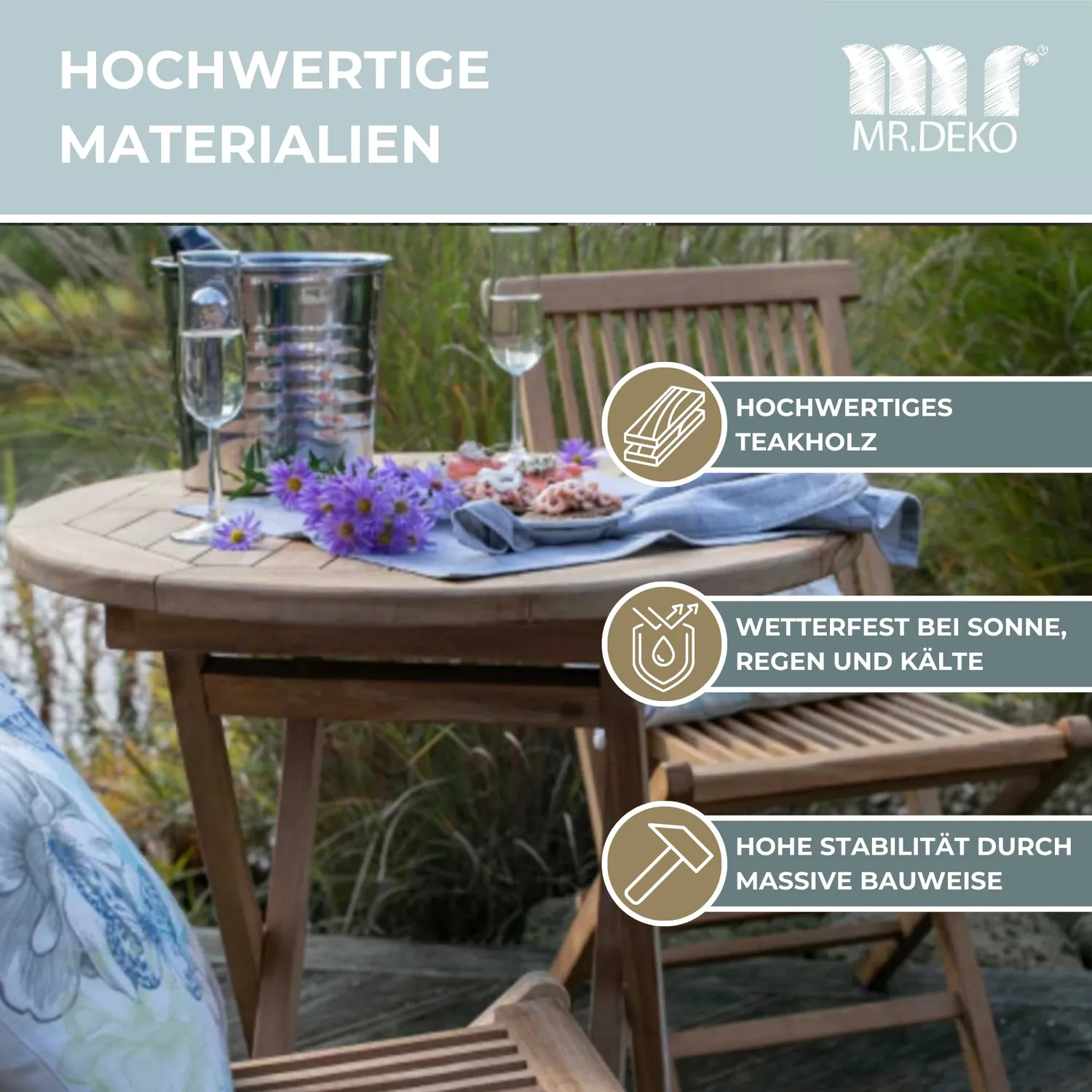 MR.DEKO Sutton Klapptisch 70 cm Teak Balkontisch wetterfest