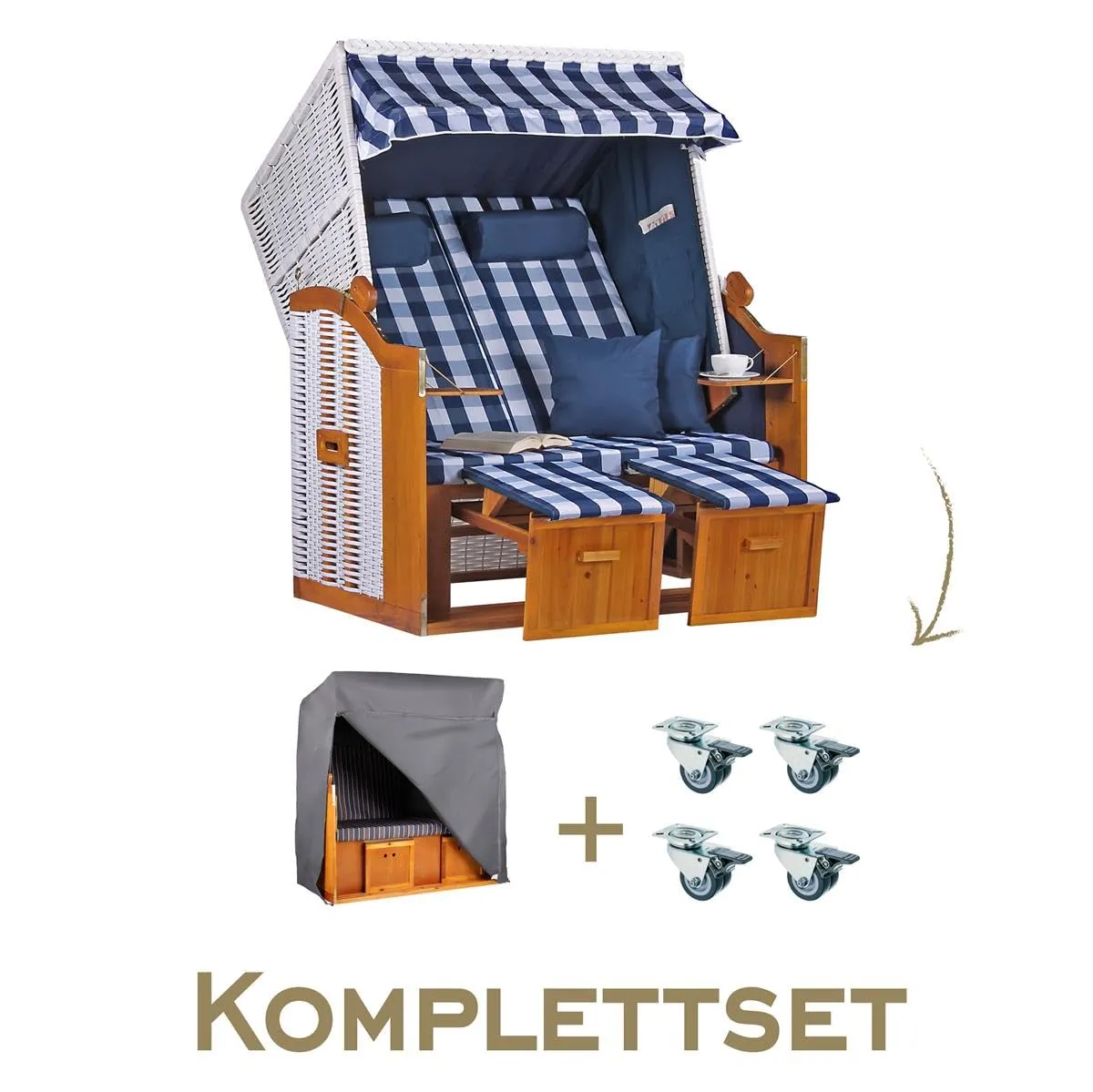 MR.DEKO Ostsee Strandkorb 2-Sitzer Karo Blau Set