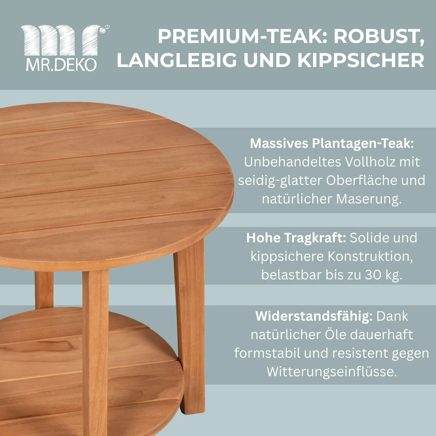 MR.DEKO Milton Beistelltisch Teak rund Ø 50 cm mit Ablage
