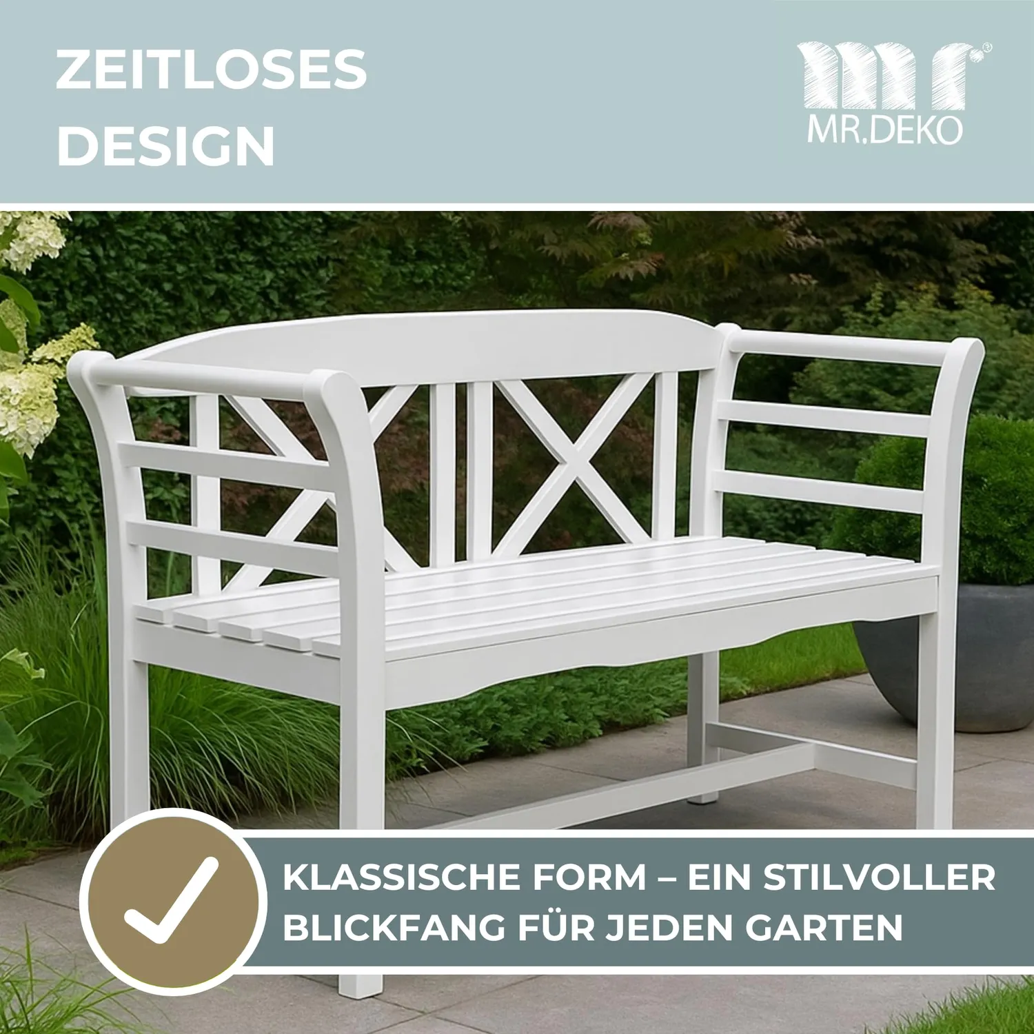 MR.DEKO Föhr Gartenbank 2-Sitzer aus Mahagoni weiß lackiert