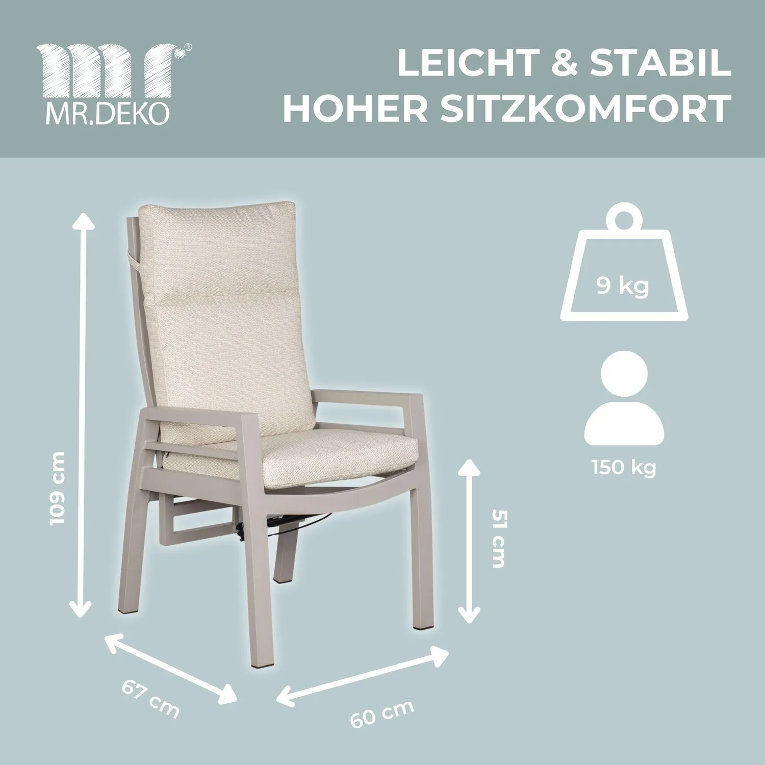 MR.DEKO Sevilla Gartenstuhl Hochlehner 2er Set Beige Ivory