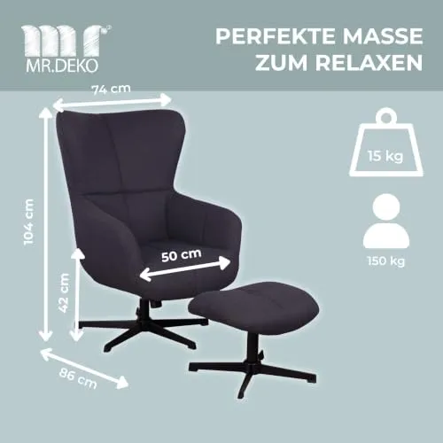 MR.DEKO Sava Ohrensessel mit Hocker blau drehbar kippbar 74x86x104