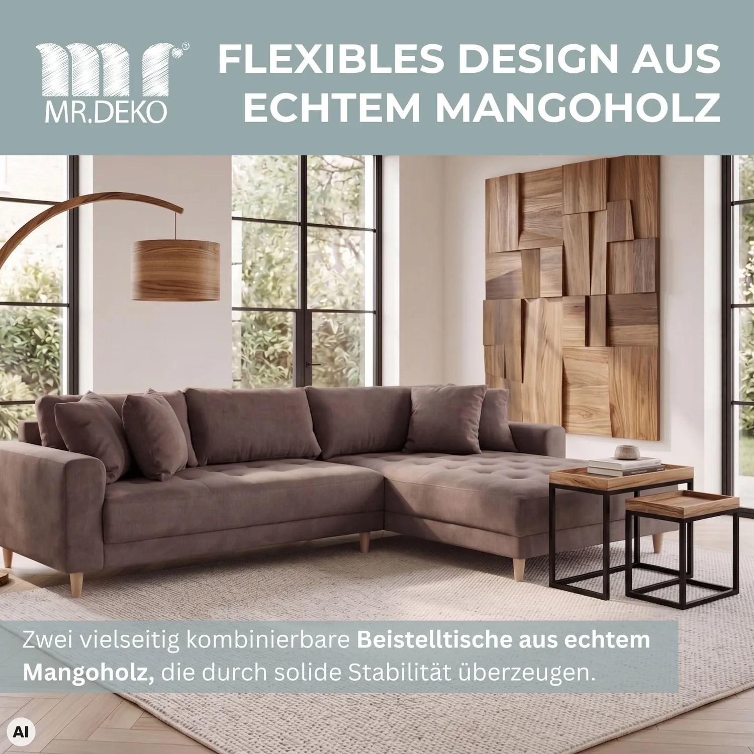 MR.DEKO Lecce Couchtisch 2er Set Mangoholz Natur eckig