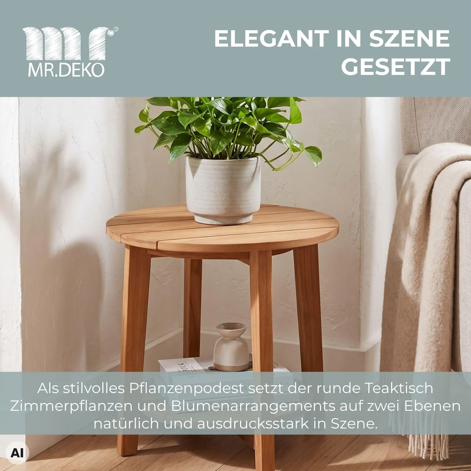 MR.DEKO Milton Beistelltisch Teak rund Ø 50 cm mit Ablage