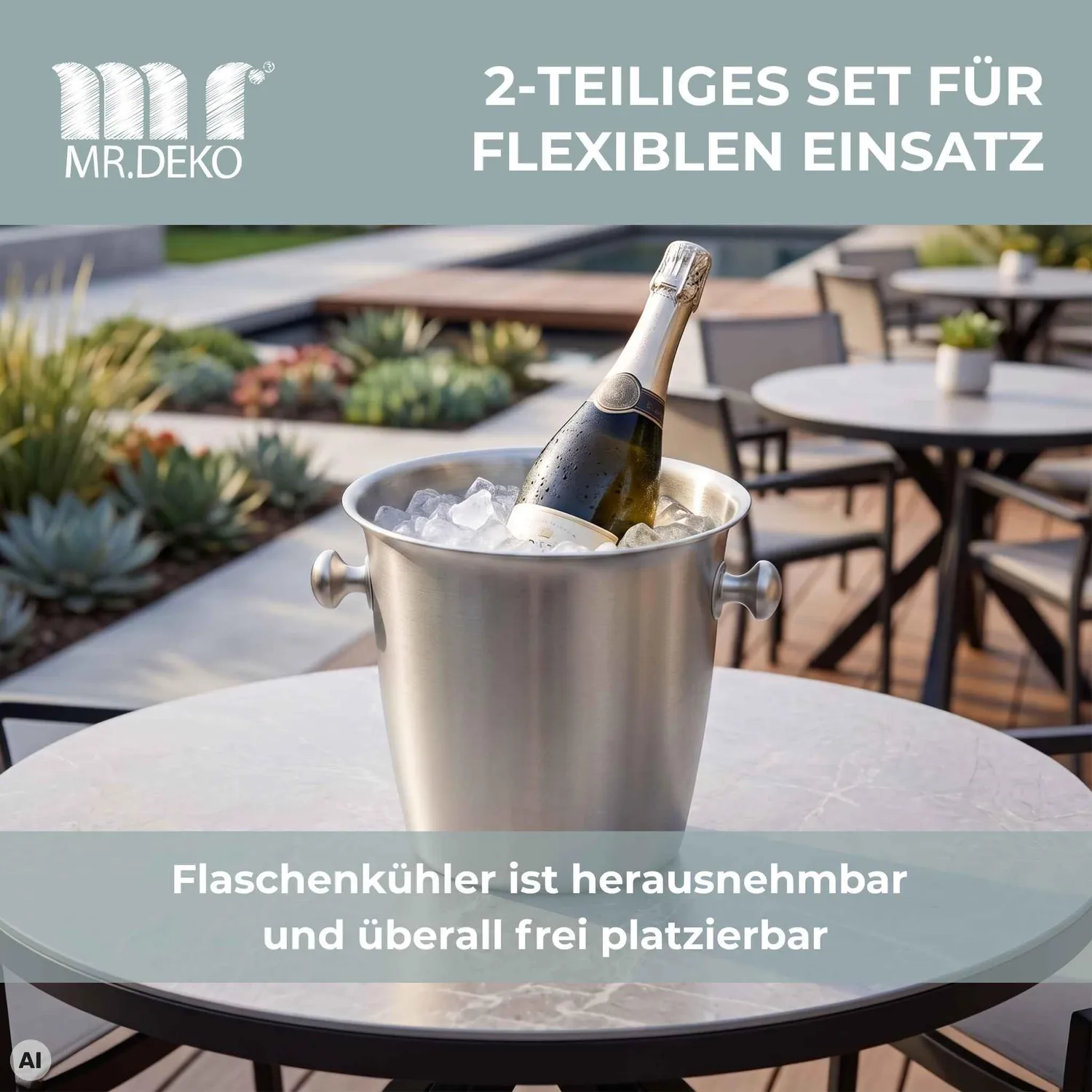 MR.DEKO Strandkorb-Zubehör Sektkühler Halterung Edelstahl