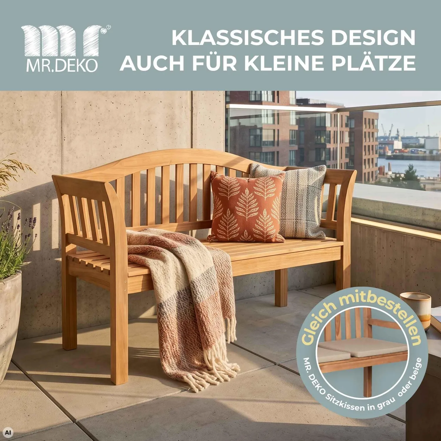 MR.DEKO Wave Gartenbank 128 cm Teakholz wetterfest