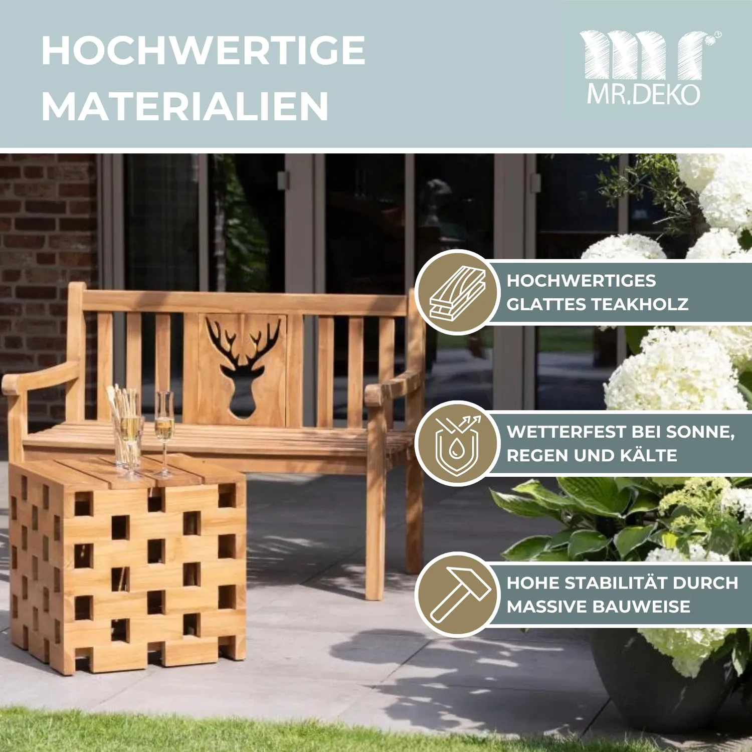 MR.DEKO Hirsch Gartenbank Teak 120cm Motiv Hirsch
