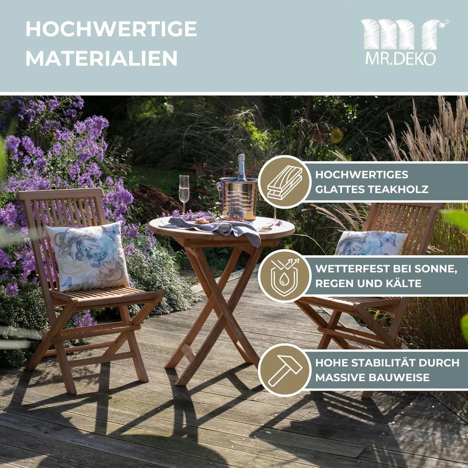 MR.DEKO Langton Gartenmöbelset mit Sutton Klapptisch Teak 3-teilig