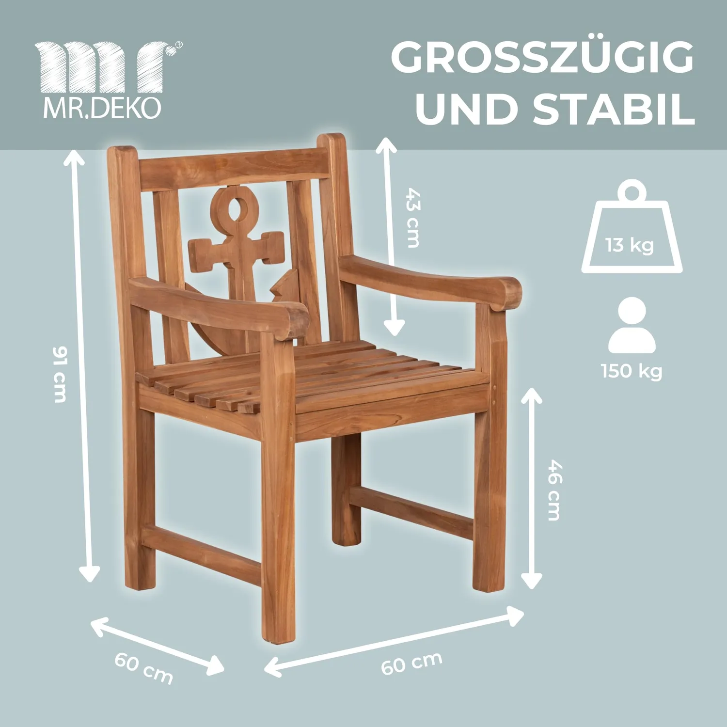 MR.DEKO Anker Gartensessel Teak 60 cm wetterfest
