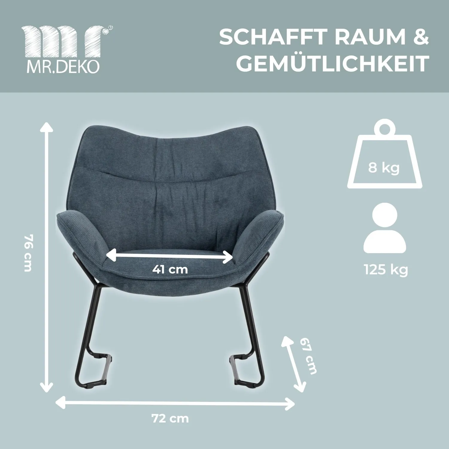 MR.DEKO Aliano Loungesessel Blau Stoff 73cm 125kg