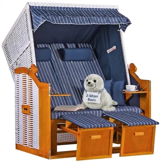 MR.DEKO Ostsee Strandkorb 2-Sitzer Dessin Royal Blau Weiß