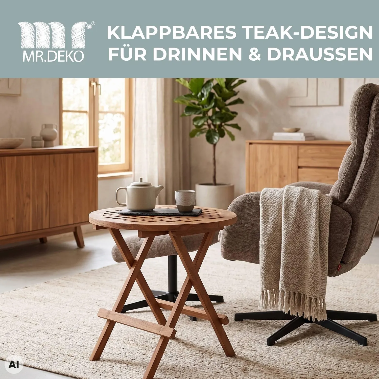 MR.DEKO Dorset Beistelltisch klappbar Teak Ø 50 cm wetterfest