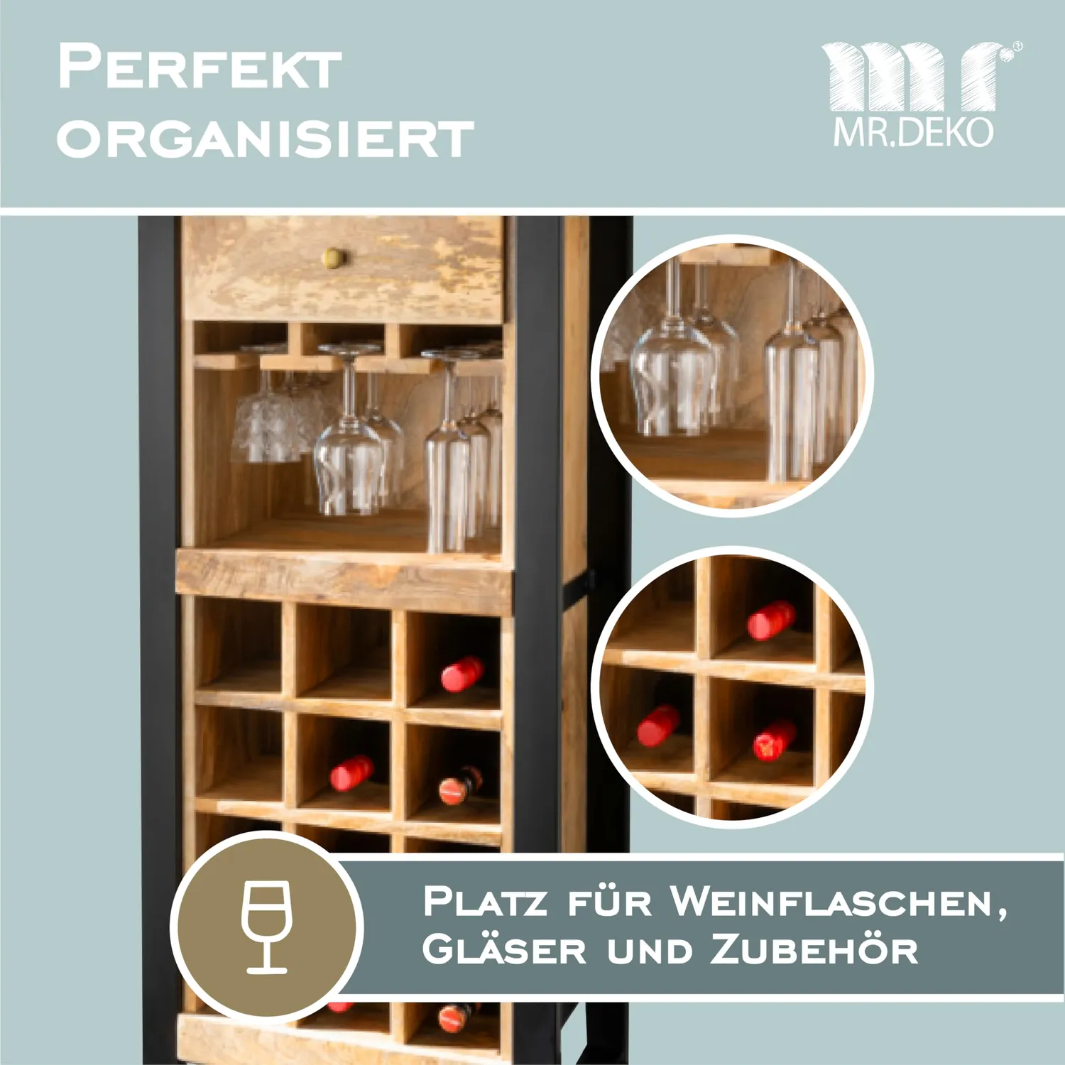 MR.DEKO Florenz Weinkommode 12 Flaschen Mangoholz 51x40x120 cm