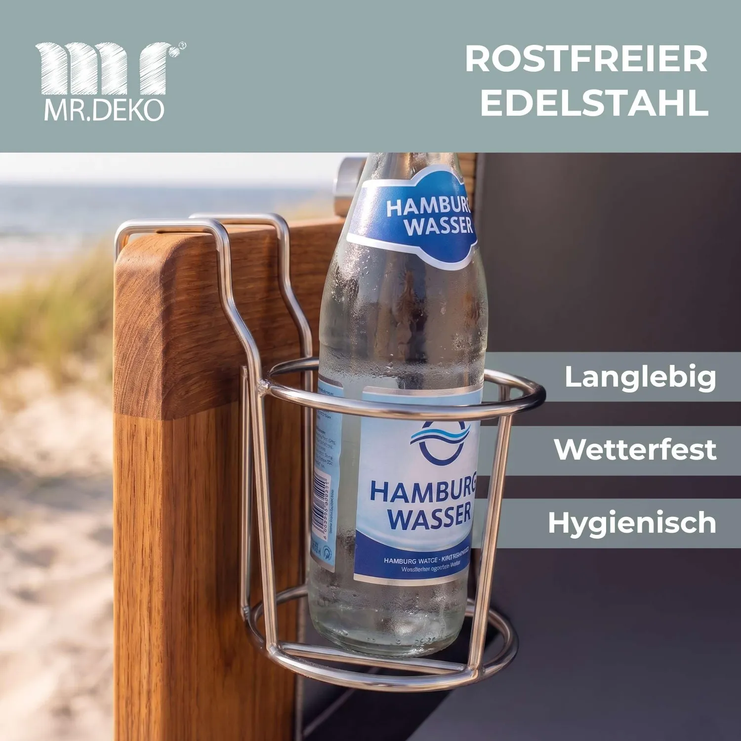 MR.DEKO Strandkorb Zubehör Becherhalter Edelstahl Getränkehalter