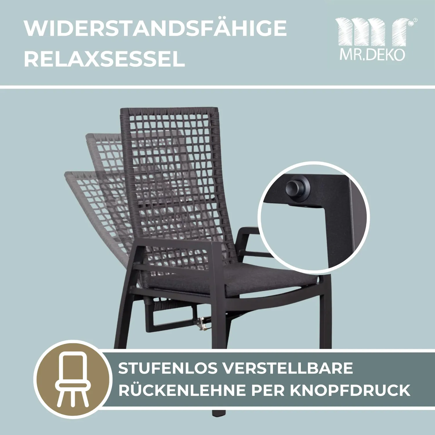 MR.DEKO Lucena Relaxsessel Gartenstuhl Anthrazit mit Sitzkissen